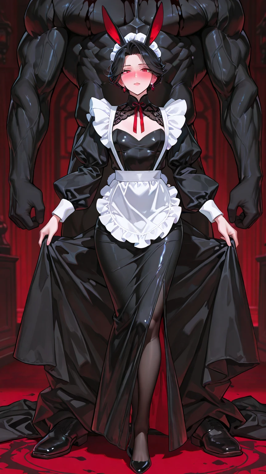 1 girl, (((oni girl))), (((red skin))), horns, white hair, ((maid)), (solo female), white maid apron, maid headdress, maid skirt, (((victorian maid dress))), puffy sleeves, fascinated expression, full body portrait, inside mansion, bedroom background