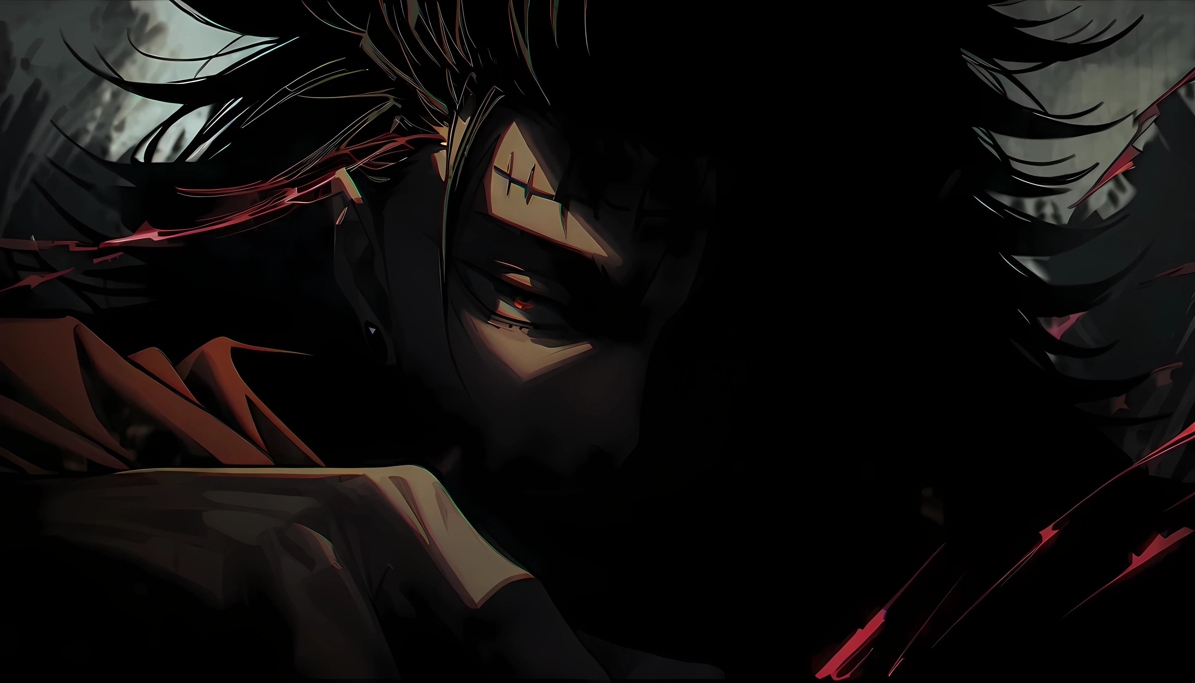 
---

"Create a dynamic and intense artwork featuring Yuji Itadori and Sukuna from 'Jujutsu Kaisen.' Yuji should be depicted in a powerful stance, with determination in his eyes, while Sukuna's malevolent presence looms behind him, embodying his sinister nature. Incorporate a glitch effect to symbolize the chaotic and unstable connection between them. Use sharp contrasts, fragmented visuals, and digital distortions to enhance the tension and complexity of their relationship."

---

