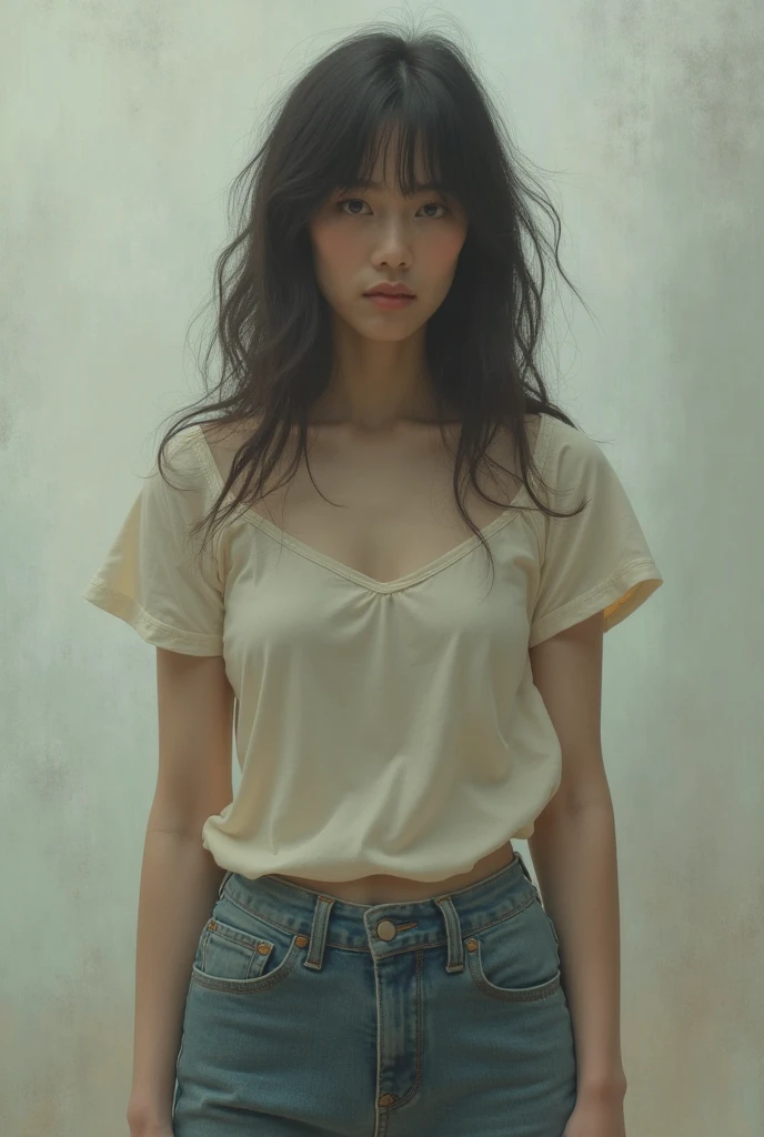 Beautiful pure female college student, wet white shirt, wet body, upper body leaning forward, cleavage, hands than scissor hands, armpits, skinny jeans, hip cocked, realistic, realistic, realistic, high contrast, trend Realistic digital art hd hd detail, detail, skin texture, super detail, realistic skin texture, armature, top quality, ultra hd, (realistic: 1.4), full body photo, realistic style, real person, real,