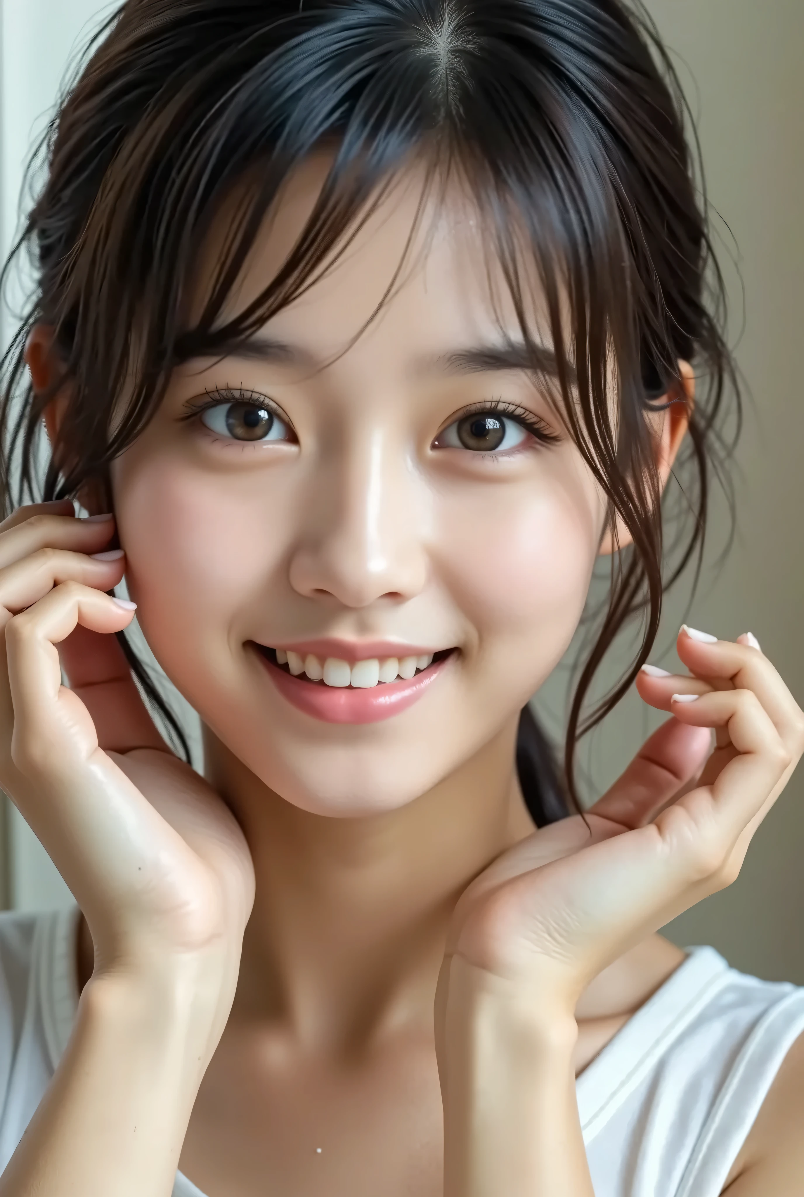 highest quality, masterpiece, ultra high resolution, (realistic:1.5), (close portrait) Raw photo, 1 girl, 22 years old,Face super close-up,face reflected in the mirror,Super close-up photo,hot spring,Sauna Hut,((my face is wet too)),((just out of the bath)),((In bath towel)),((wet hair)),face moisturizing cream,Fine, clean skin, skin,(smile),((smiling showing teeth))masterpiece, realistic pictures, japanese pictures, saturation, contrast, long hair,hair tied up on top of head,