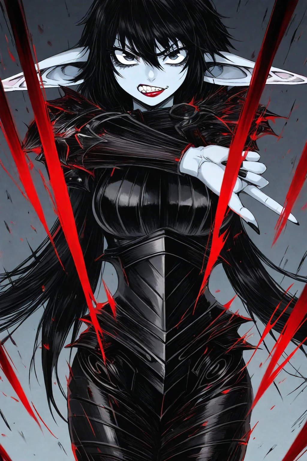 A dark, eerie scene featuring a character with white hair and red glowing eyes. The character is wearing a black outfit with a high collar, and a black mask covering the lower half of their face. The background is dimly lit, adding to the mysterious and ominous atmosphere. The character's red eyes stand out prominently against the darkness. The image is vertically oriented.