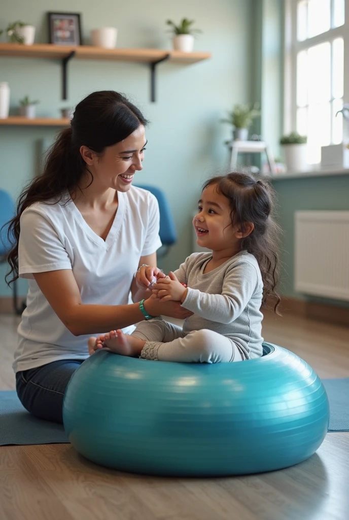 Photo of a physiotherapist treating a child with Down syndrome sitting on a vestibular ball