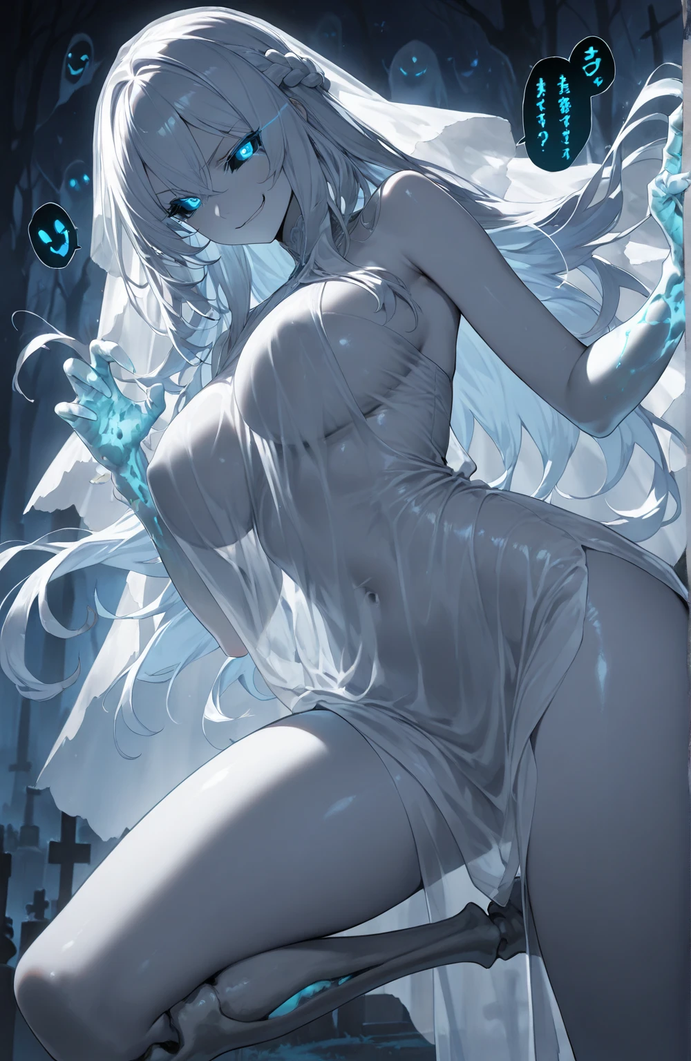 female ghost, sitting, masterpieces, no shock, hyper detail, 16K, smooth legs, shiny, mature looking, underboobs, perfect body shape, bare shoulder, pale skin, pale face
