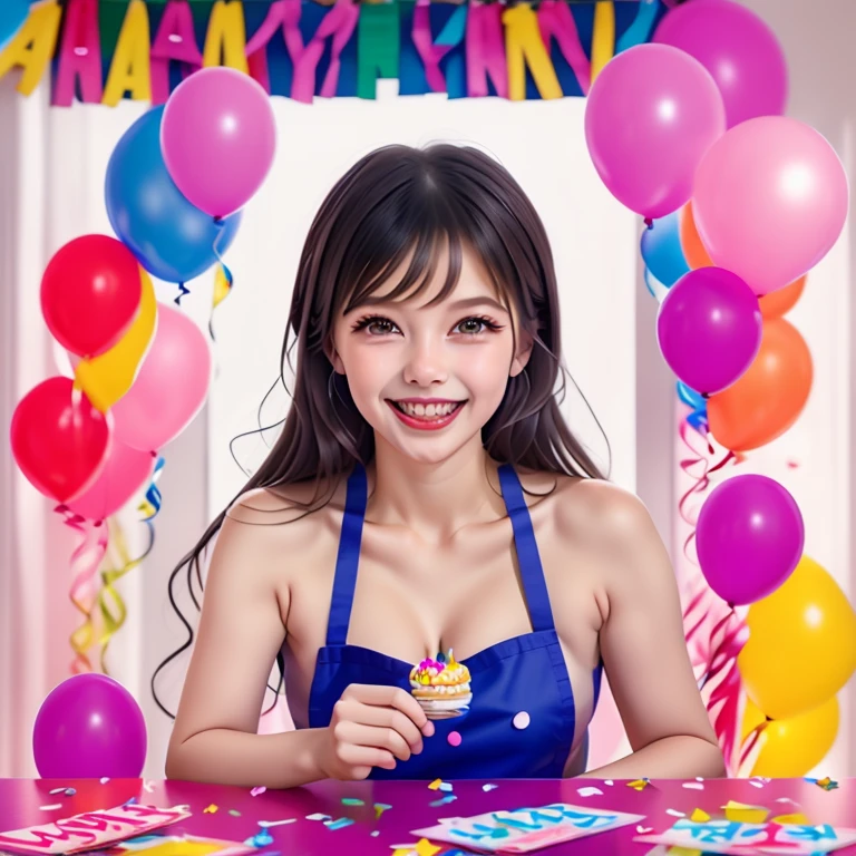 a beautiful girl celebrating her birthday, holding a delicious birthday cake with lit candles, smiling radiantly and filled with happiness, colorful party decorations surrounding her including vibrant balloons, cheerful streamers and shimmering confetti, warm lighting creating a cozy atmosphere, vivid colors, extremely detailed facial features, a beautiful, intricate dress, an intricately detailed background, (best quality,8k,highres,masterpiece:1.2),ultra-detailed,(realistic,photorealistic,photo-realistic:1.37),HDR,UHD,studio lighting,ultra-fine painting,sharp focus,physically-based rendering,extreme detail description,professional,vivid colors,bokeh