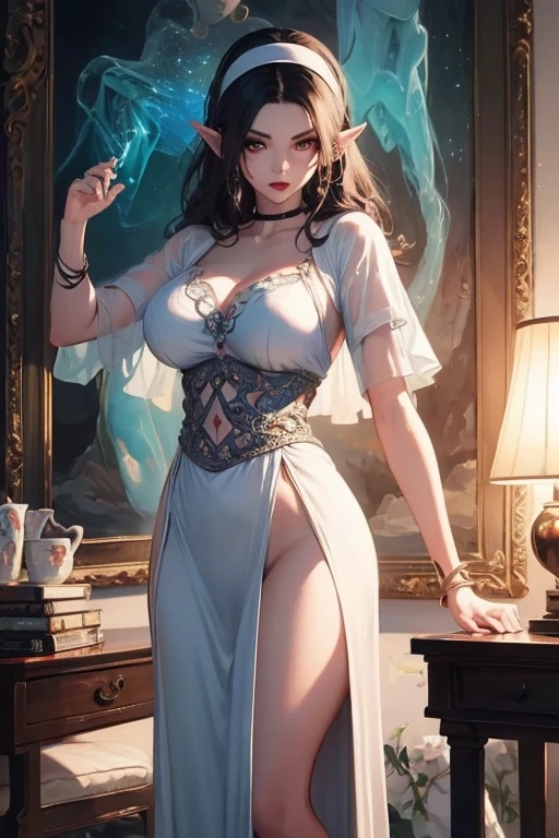 (masterpiece:1.1),(Super realistic:1.0)(Extremely detailed, Intricate details, high resolution,2.5D:1.1), 8K RAW Photos,high resolution,(Purple_Evergarden:1.29),best quality, The overall image quality is of the highest standard, rest (deep_blue_and_White_theme:1.2), (detailed Maid:1.4), Red_bow tie, Red_hair_Ribbon, breast_emerald_brooch, crepe_Fabric_detailed_clothing, Puffs_long_detailed_sleeve,breast brooch, (intricately embroideRed:1.2), Tights, Garter belt, Lace, Stilettos, rest medium_breast, Supermodel, Skinny, Willow Waist, Looking at the audience,(cowboy_shooting), rest (Blonde Short Bob Hairstyle), asymmetrical Bangs, short Bangs, Bangs, longeyelashes, rest (Create an atmosphere of luxury., Luxury rooms, Marble Flooring, Gorgeous oak walls, Decorative wall), Exquisite carpet, decorative plant and flower with luxurious Wedgewood vases, Wall Block, pictures on the wall, (detailed餐饮厨房设备, detailed烹饪设备), (large window with Lace curtain), rest maid seeing her employer off at the entrance,, rest maid serving a cup of teacup on a silver tray,