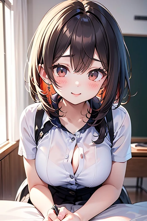 ((Highest quality)), ((masterpiece)), (detailed), One person,Female student、uniform、Undressing、
"A realistic and detailed illustration of a classroom setting, featuring a female student with shoulder-length black bobbed hair. She is wearing a traditional school uniform. The student is looking up at the viewer with a mischievous smile, her cheeks slightly blushing. The atmosphere should convey a playful and somewhat daring mood. The background should include typical classroom elements like desks, chairs, and a blackboard."
blush,Underbust,(Her cleavage is visible),(Excited expression),(Seduce),sexy,Sweat,(Black knee-high socks),