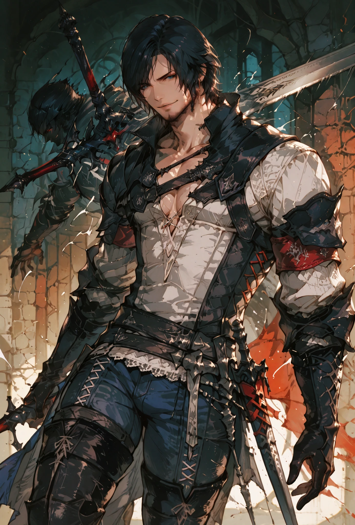 (score_9,score_8_up,score_7_up),((MAN, 1 MAN, CLIVE, FINAL FANTASY XVI, CLIVE full clothers, WITH SWORD, LIGHT MUSCLE,muscle BODY TYPE,)), ,,extremely detailed,dynamic lighting,best quality,,,best quality,high quality,, , dynamic angle, , thick thighs, motion lines,, , solo, perfect eyes,,DETAIL,MASTERPIECE,,Expressiveh, ultra detailed,,,,very detailed,extremely detailed,dynamic lighting,best quality,(score_9,score_8_up,score_7_up), clive FINAL FANTASY, blue eyes, black hair, medieval clothes,,,sexy MAN, BADASS SEXY POSE , ,LIGHT MUSCLE,ATLETICH BODY TYPE,,extremely detailed,dynamic lighting,best quality,pale skin,evil smile,, sleeve, armbands, BLACK gloves