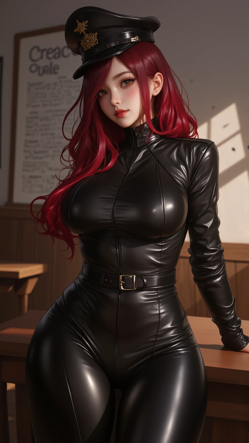 The image is a digital illustration of a red-haired girl clad in a sleek skin-tight shiny black latex bodysuit with a deep-cut zipper neckline revealing a large chest. The suit is complemented by her iron wrist guard on both wrists and a leather belt with silver detail around her waist. She is wearing gloves. She appears with a cute smile on her face. Her blue eyes are intently looking to the side. The background hints at a cityscape, contributing to an urban feel. The overall aesthetic includes warm tones that may impart a welcoming ambiance.