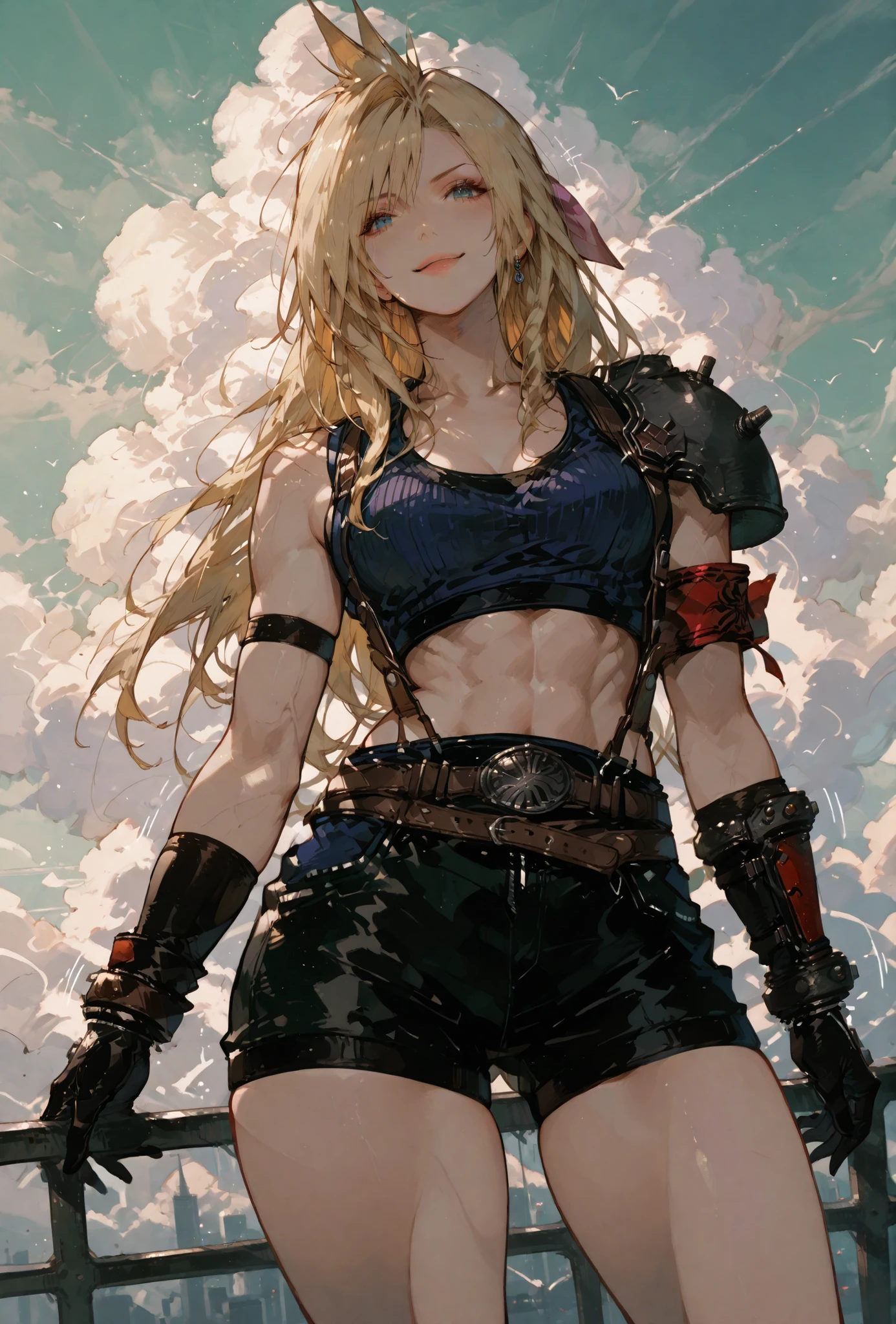 (score_9,score_8_up,score_7_up),((CLOUD, FINAL FANTASY VII, CLOUD full clothers, LIGHT MUSCLE,muscle BODY TYPE,)), ,skindentation,,extremely detailed,dynamic lighting,best quality,,,best quality,high quality,, , dynamic angle, , thick thighs, motion lines, skindentation, seductive, , solo, perfect eyes,,DETAIL,MASTERPIECE,,Expressiveh, ultra detailed,,,,very detailed,extremely detailed,dynamic lighting,best quality,(score_9,score_8_up,score_7_up), cloud ,blue eyes, blonde spiky hair, cloud clothes,,,sexy MAN,,BADASS SEXY POSE , ,LIGHT MUSCLE,ATLETICH BODY TYPE,,extremely detailed,dynamic lighting,best quality,pale skin,evil smile,crop top, sleeve, armbands, BLACK gloves