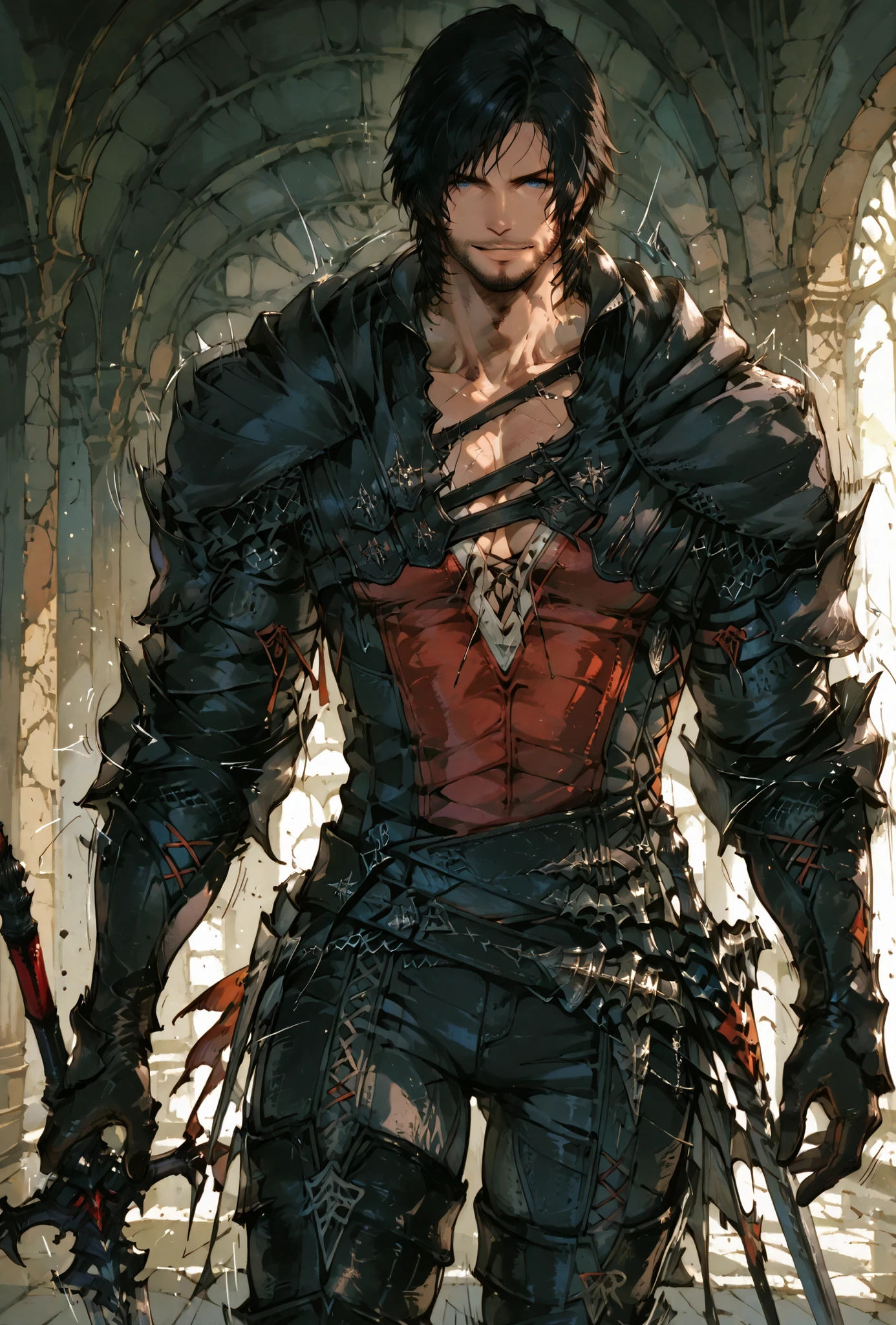 (score_9,score_8_up,score_7_up),((MAN, 1 MAN, CLIVE, FINAL FANTASY XVI, CLIVE full clothers, WITH SWORD, LIGHT MUSCLE,muscle BODY TYPE,)), ,,extremely detailed,dynamic lighting,best quality,,,best quality,high quality,, , dynamic angle, , thick thighs, motion lines,, , solo, perfect eyes,,DETAIL,MASTERPIECE,,Expressiveh, ultra detailed,,,,very detailed,extremely detailed,dynamic lighting,best quality,(score_9,score_8_up,score_7_up), clive FINAL FANTASY, blue eyes, black hair, medieval clothes,,,sexy MAN, BADASS SEXY POSE , ,LIGHT MUSCLE,ATLETICH BODY TYPE,,extremely detailed,dynamic lighting,best quality,pale skin,evil smile,, sleeve, armbands, BLACK gloves