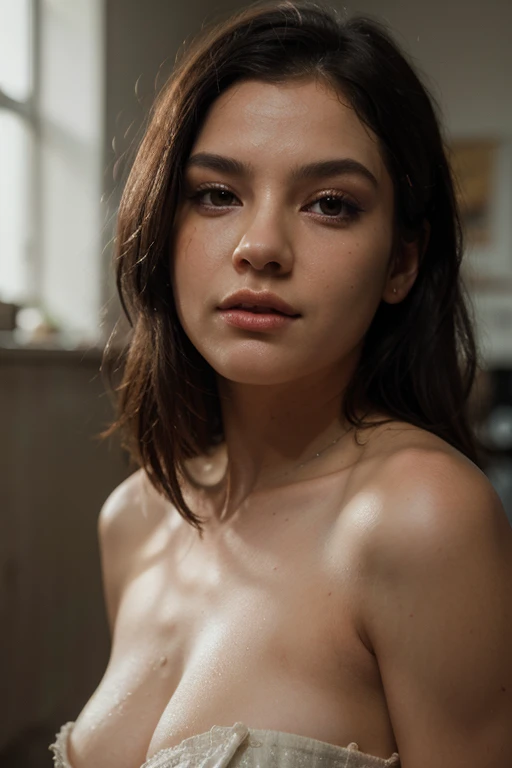 8K,Best quality, masterpiece, ultra high res, (photorealistic:1.4), raw photo, (Authentic skin texture:1.3), (film grain:1.3), (selfie angle),2girl, one bun hairstyle, brown hair, sitting, chair, bored, hand supporting chin, beautiful detailed eyes and face,masterpiece, best quality,close-up,upper bod, nude