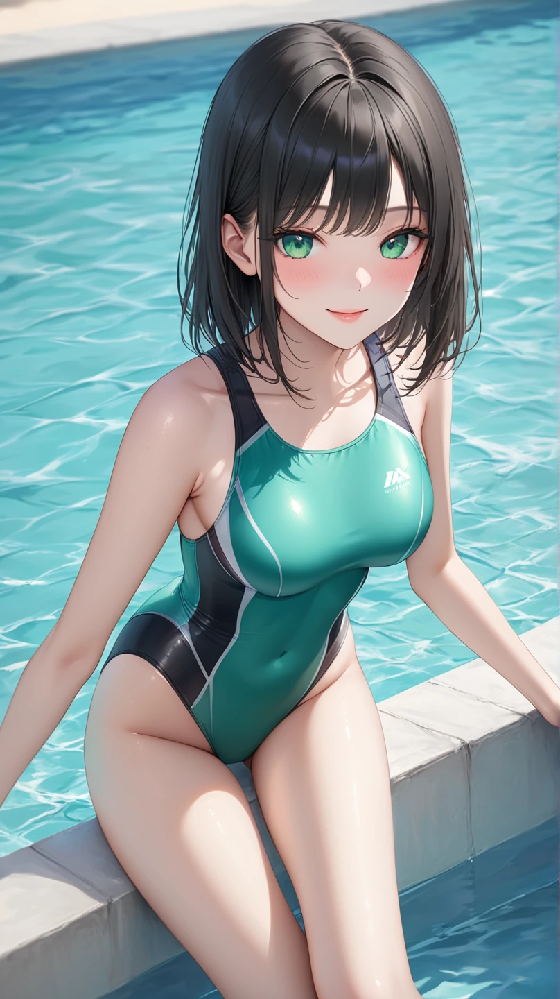 extremely detailed CG, super detailed skin, perfect anatomy, dynamic lighting, beautiful detailed eyes, (1girl:1.6), Outstanding smile、 teenage woman、Japanes、huge breast、short hair、(Shiny skin:1.4)、sexy pose, Esbian all over、(Competition swimwear:1.5), (High leg:1.2), (Reflection of light:1.4), 