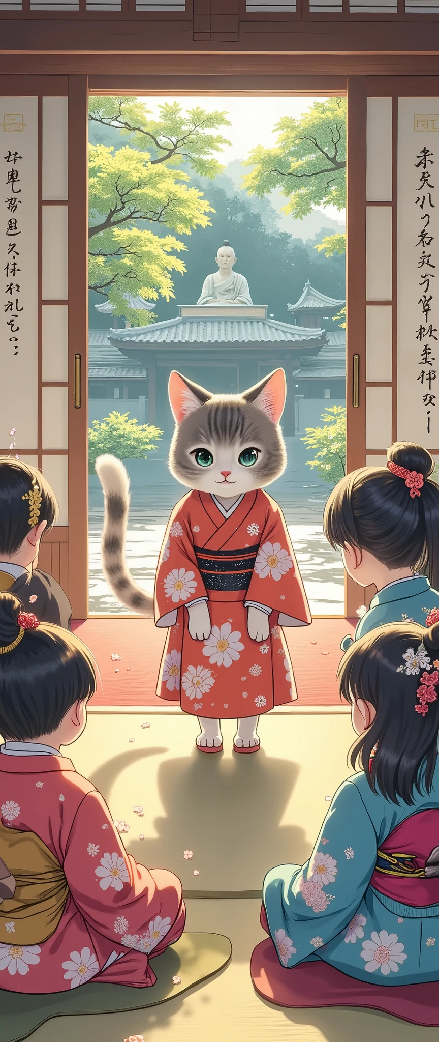 highdefinition image、Terakoya at the temple、teaching the kids、Torajima's cute cat teacher、