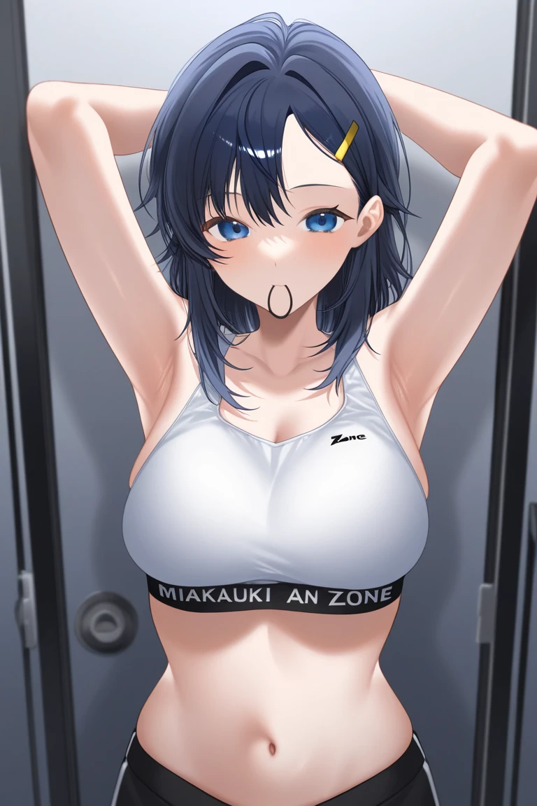masterpiece, best quality, artist:yoo tenchi, 1girl, solo, toyokawa fuka, short hair, messy hair, wavy hair, big hair, dark blue hair, antenna hair, brown eyes, bikini swimsuit, swimsuit pull, large breasts, highleg, smile, looking at viewer, no background, white background