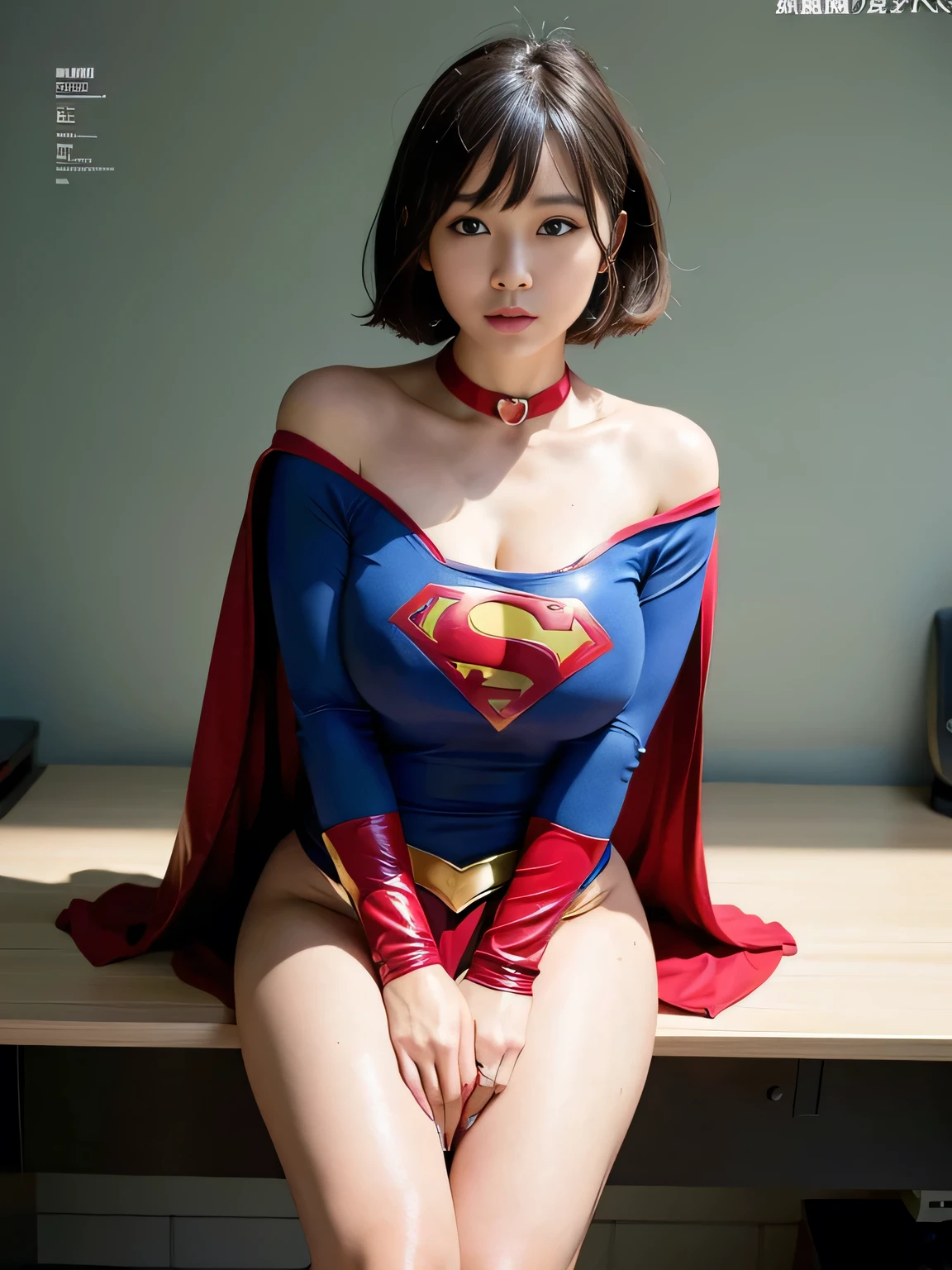 masterpiece、Rubber Supergirl Costume、short hair、Red rubber long boots、Big and ample breasts、looking at the camera、choker、Long sleeve、Cape、mini skirt、Off the shoulder、Sweaty skin、Hospital room、Photo magazine cover、Stretch your legs、Beautiful thighs、Knee-length boots、wallpaper for pc、