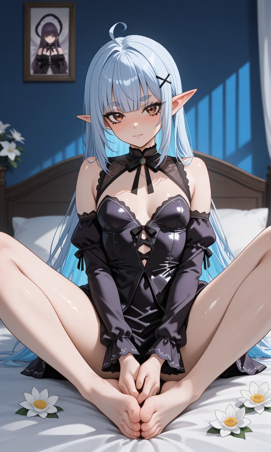 anime、moe、1 succubus、Sexy Succubus、big breasts、long hair、straight hair、silver hair、Completely naked、Black lingerie、dark room