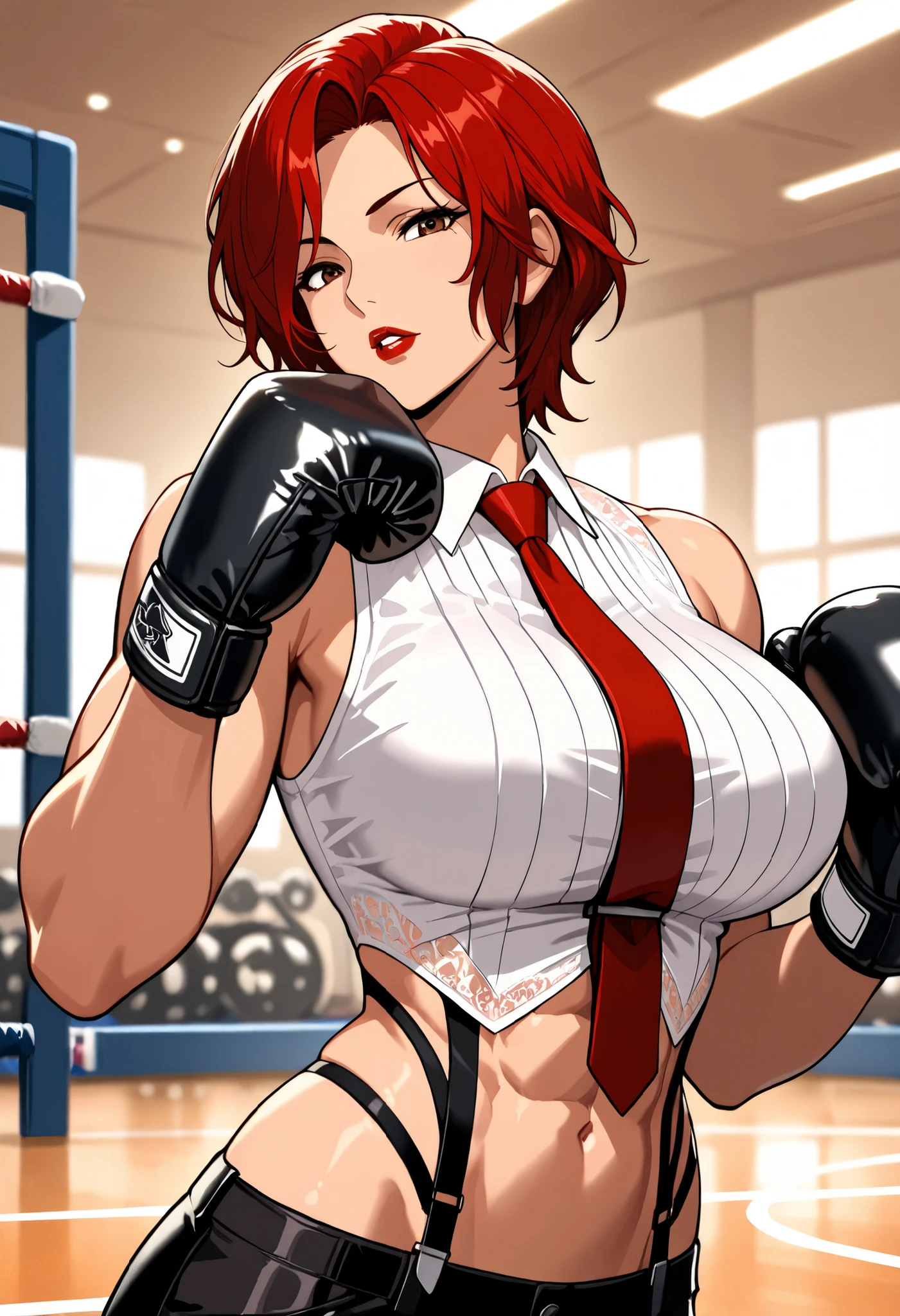 Anime style, 1 girl, solo, looking at viewer, mature woman, ((Vanessa from KOF)), short red hair, waved hair, parted bangs down, brown eyes, red lips, parted lips, white tanktop, big breasts, abs, toned body, slim waist, attractive, motherly, red tie, lace, black social pants, boxing gloves, rosy skin, tall woman,  sexy woman, pose, upper body, soft light, in the gym, masterpiece, high quality, 8k, high definition, full HD.