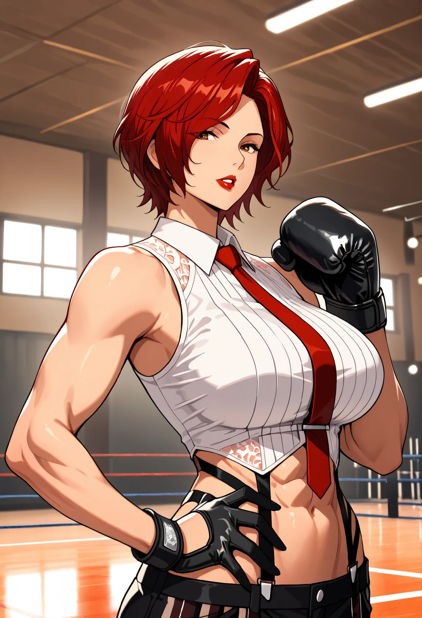 Anime style, 1 girl, solo, looking at viewer, mature woman, ((Vanessa from KOF)), short red hair, waved hair, parted bangs down, brown eyes, red lips, parted lips, white tanktop, big breasts, abs, toned body, slim waist, attractive, motherly, red tie, lace, black social pants, boxing gloves, rosy skin, tall woman, sexy woman, pose, upper body, soft light, in the gym, masterpiece, high quality, 8k, high definition, full HD.