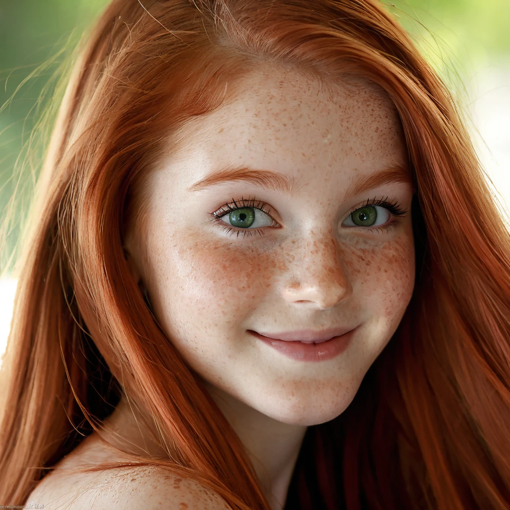 NSFW,Masterpiece, a young 11 years old girl, redhead, cinematic, The portrait showcases a young redhead girl with a shy and innocent demeanor, blueish eyes, sensual slim face, subtle freckles, big lips, small perky breasts, small ass, small slim body, she is wearing a tight mini low cut shorts and a mini tank top, navel, Her hair is styled sleek and straight, elegantly framing her face with adorable long hair .Her face is illuminated by gentle lighting, highlighting her delicate features. The girl's eyes sparkle with a hint of curiosity and her lips form a subtle, shy smile. The background consists of a ourtoor nature autum scenery muted and warm-toned setting, providing a calm and serene atmosphere. The composition focuses on the girl's face, capturing the intricate details of her flawless white skin, The overall image exudes a sense of tranquility and captures the innocence and gentleness of youth, full body shot