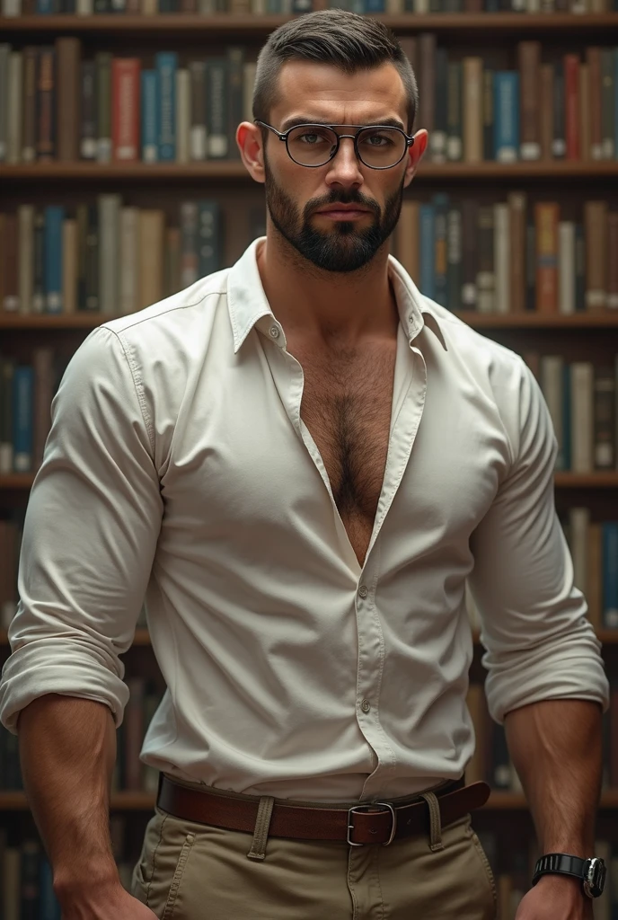 Melancholy，around，artistic conception，big occasion,in the church,40 years old,Diffuse light，Chest muscles，Topless, stubble, Europeans and Americans,temple, Muscle tissue, Mature man,Bodybuilder，Golden-blue、Pure purple black，June，Dignified and elegant，temperament，short hair,，The light is soft,Black triangle underwear,full-body shot,wearing glasses,only one man