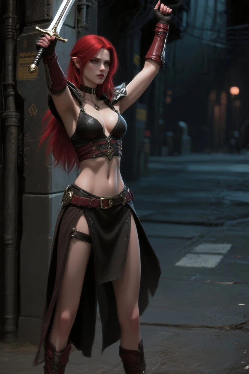 ((masterpiece, best quality, detailed)), (best quality, masterpiece:1.4), 8k, highres, highly detailed, intricate detail, volumetric lighting, night time lighting,[perfect shadows and lighting],photorealistic, Exquisite details and textures,anime 3d,unreal engine 5 render,sfw,(1girl,TeaganPresleyQuiron woman,horizontal photo,(fantasy,(fantasy fashion),fantasy sexy outfit,navel,(midriff:1),red color hair:1.2),alluring smile, cheekbones, detailed face,detailed perfect eyes, solo, red hair, censored, hiding hands, city lights,fantasy cityscape, full moon, lips, lipstick, looking at viewer, standing alluringly, makeup,on the roof , night sky, stars in the night sky, fantasy city, solo, Ellegance， magical dream， cover art, dreamy