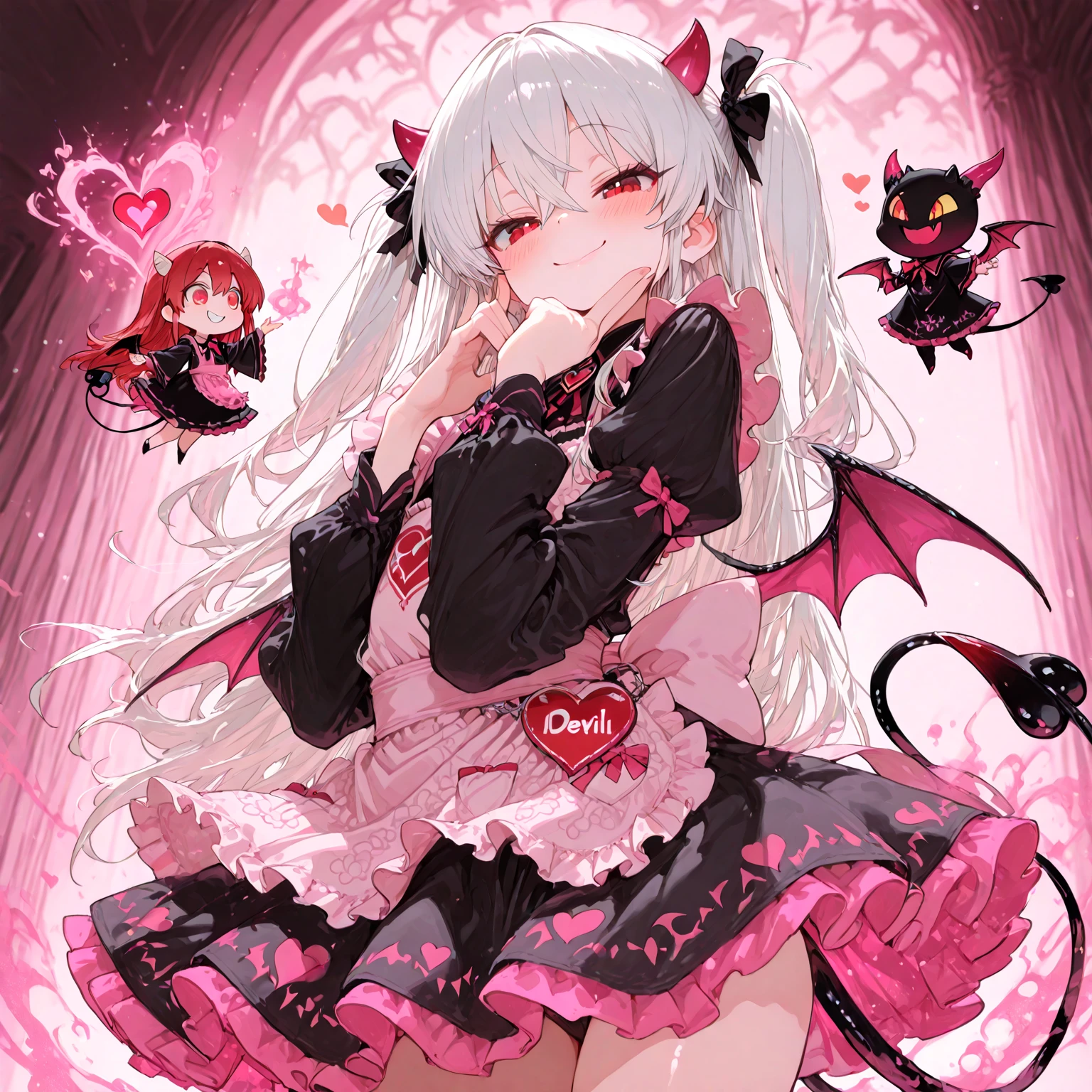 ((masterpiece, best)), 1girl, (mature woman: 1.4), 130mm f1.4 lens, 1girl, solo, pointed ears, heart-shaped pupils, micro skirt, looking down, demon girl, flat chest, demon wings, saturated, colorful , colorful hair, silver hair, blue hair, colorful eyes