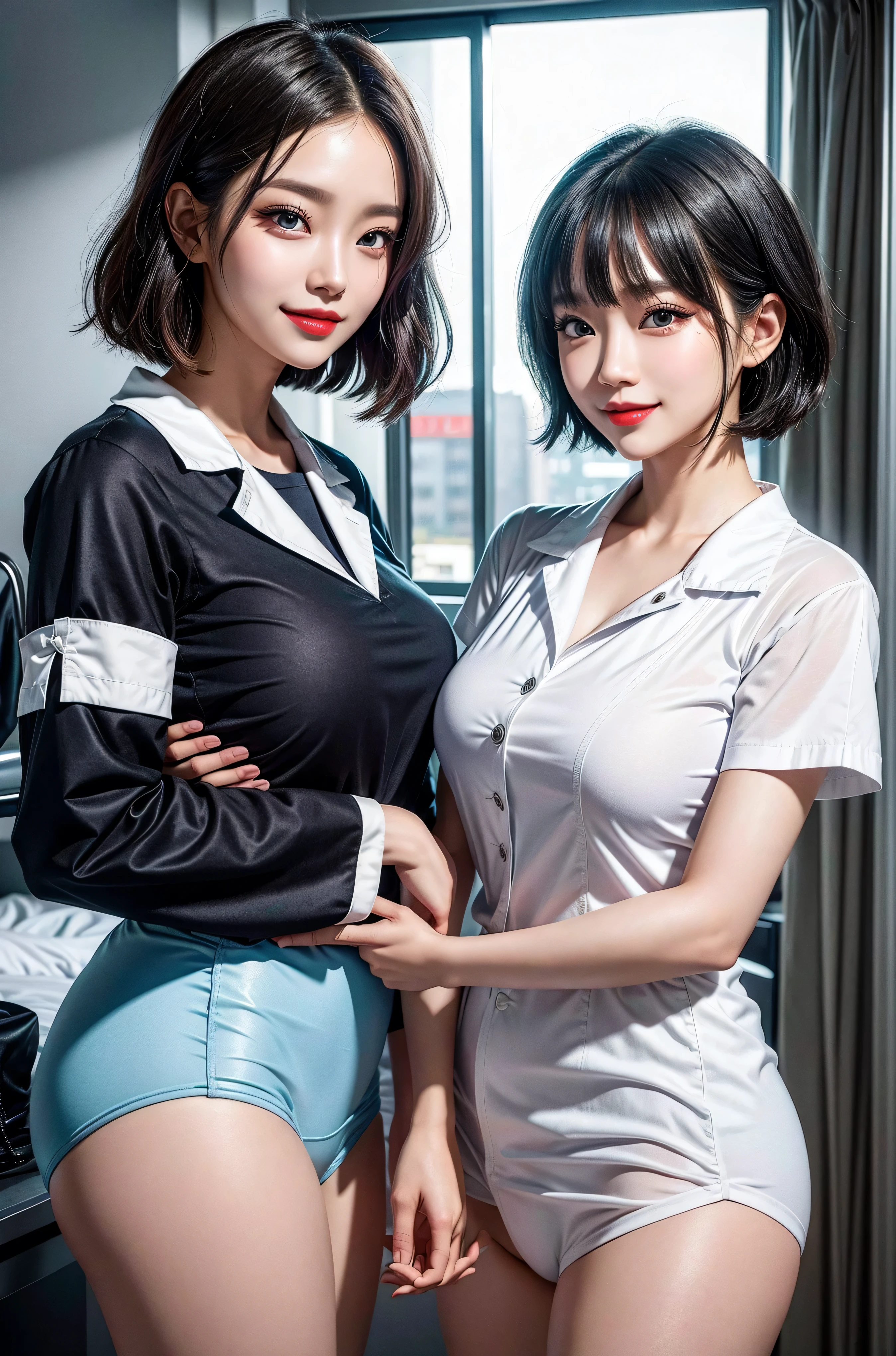 locker room,15 year old beautiful girl,High school girls、(White polo shirt,Short skirt),(waitress,school uniform),( lifting shirt herself:1.3),(girl is pulling shirt:1.5),(short hair:1.5),(wavy hair),( downblouse,large areolae,middle breasts,breasts out),(nipples:1.4),beautiful breasts,beautiful nipples,slim,covering nipples,groomed eyebrows