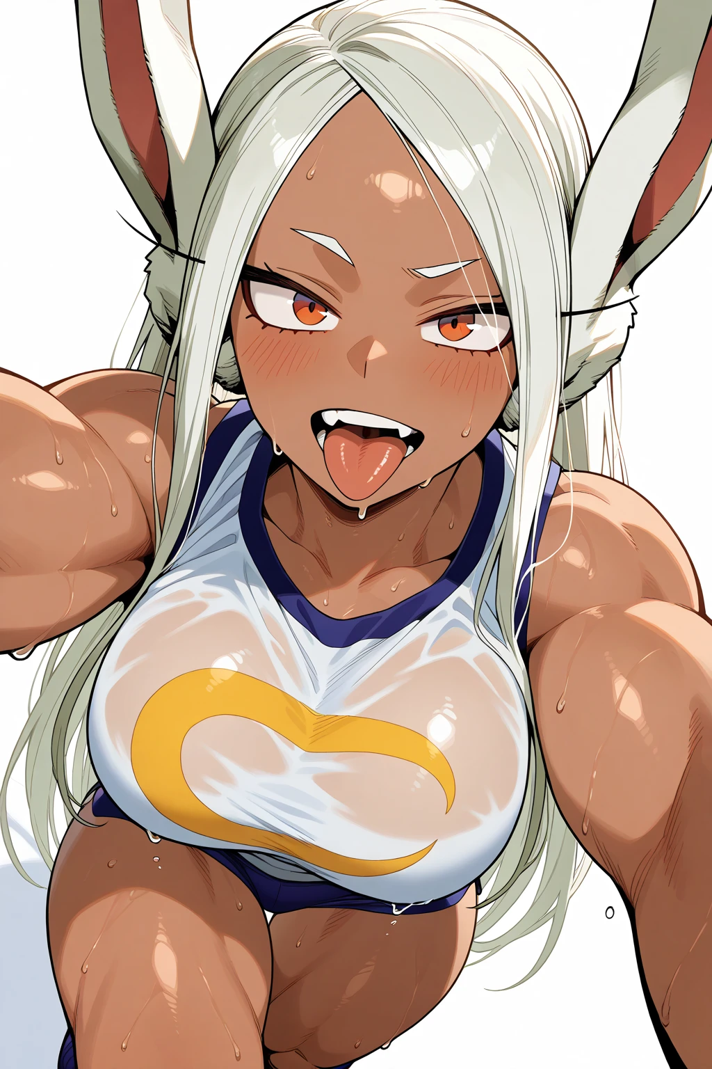 masterpiece, best quality, ultra-detailed, Potrait of beautiful , (chubby) (muscular), (plump), (sexly), (cleavage),(Breasts), (Plump), (Gray Hair), (calm), (overweight), ((Saggy breasts)), ( (belly button), ((thick)), (red eyes), (tan), (rabbit ears)