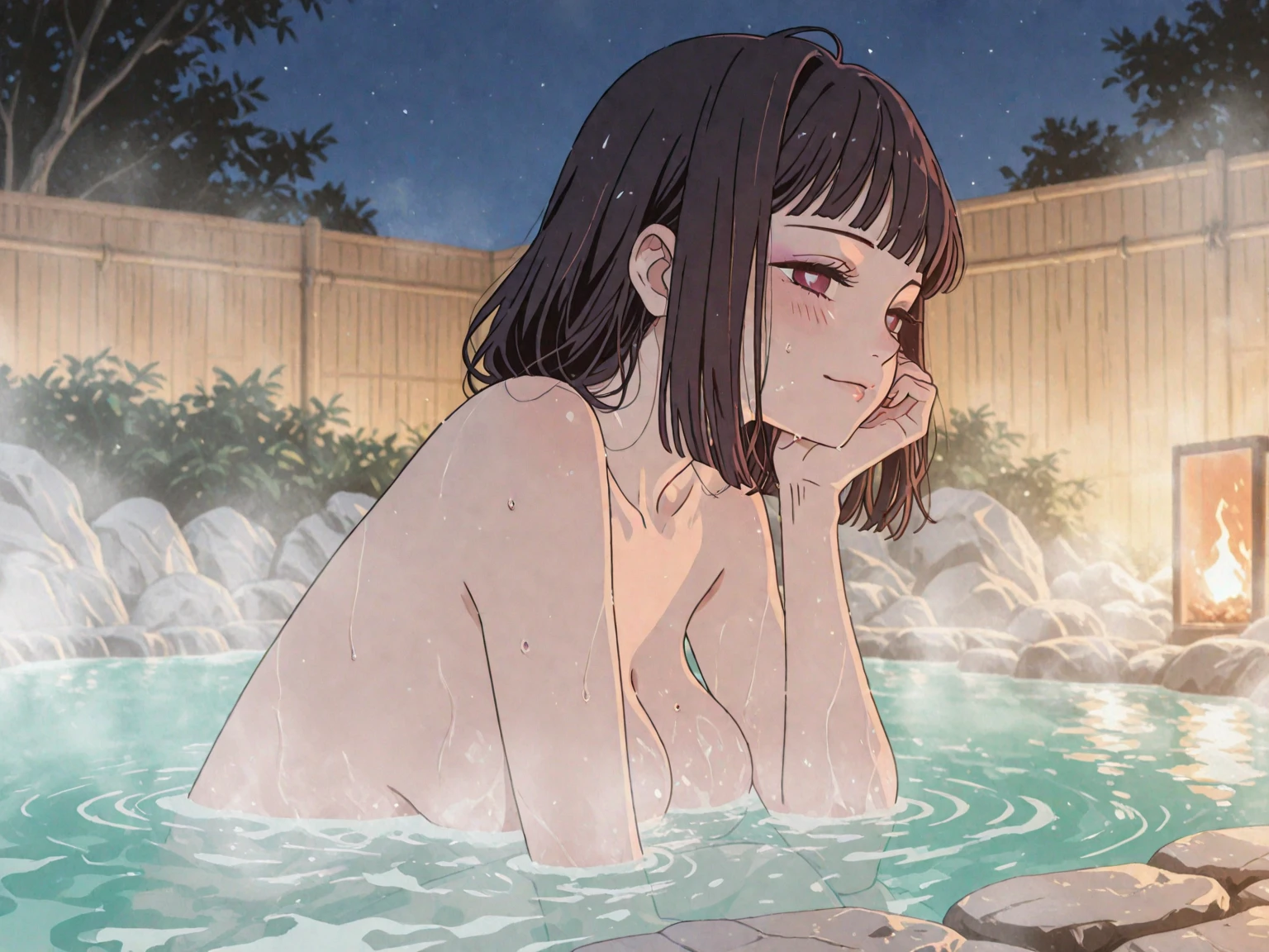 Anime Art:1.3 (((NSFW:1.3))), (((tears:1.3. Climax:1.3. Scream:1.9,Top quality masterpiece high resolution perfect human body:1.3))), (((In clear water:1.6. Cowgirl Sex:1.9 Legs spread wide:1.3))), (((Open-air bath:1.3. Night:1.3)))、(((Brown Hair:1.3. Wavy Hair:1.3. Bob Cut Hair:1.6. Round Eyes Beauty:1.3. Shapely breasts, brown eyes, side-swept bangs, nude:1.3. My cheeks are red:1.3 Sweat:1.3))):1.9、(((Sweat:1.3、Vaginal ejaculation:1.9 Naked:1.9、NSFW:1.9 I'm about to cum:1.9、Lean back:1.9. High Humidity:1.6 1 female:1.3. Being held by the waist:1.6. A penis is inserted into the vagina:1.9,Intense sex:1.9,Open your eyes wide:1.6,Open your mouth wide:1.9,Taking a bath in a hot spring:1.9,Sweat:1.9. Breath:1.3. Wrinkles on the brow:1.3))),, (((It feels good and cums:1.3 Screaming with eyes closed:1.3 Cute:1.3)))