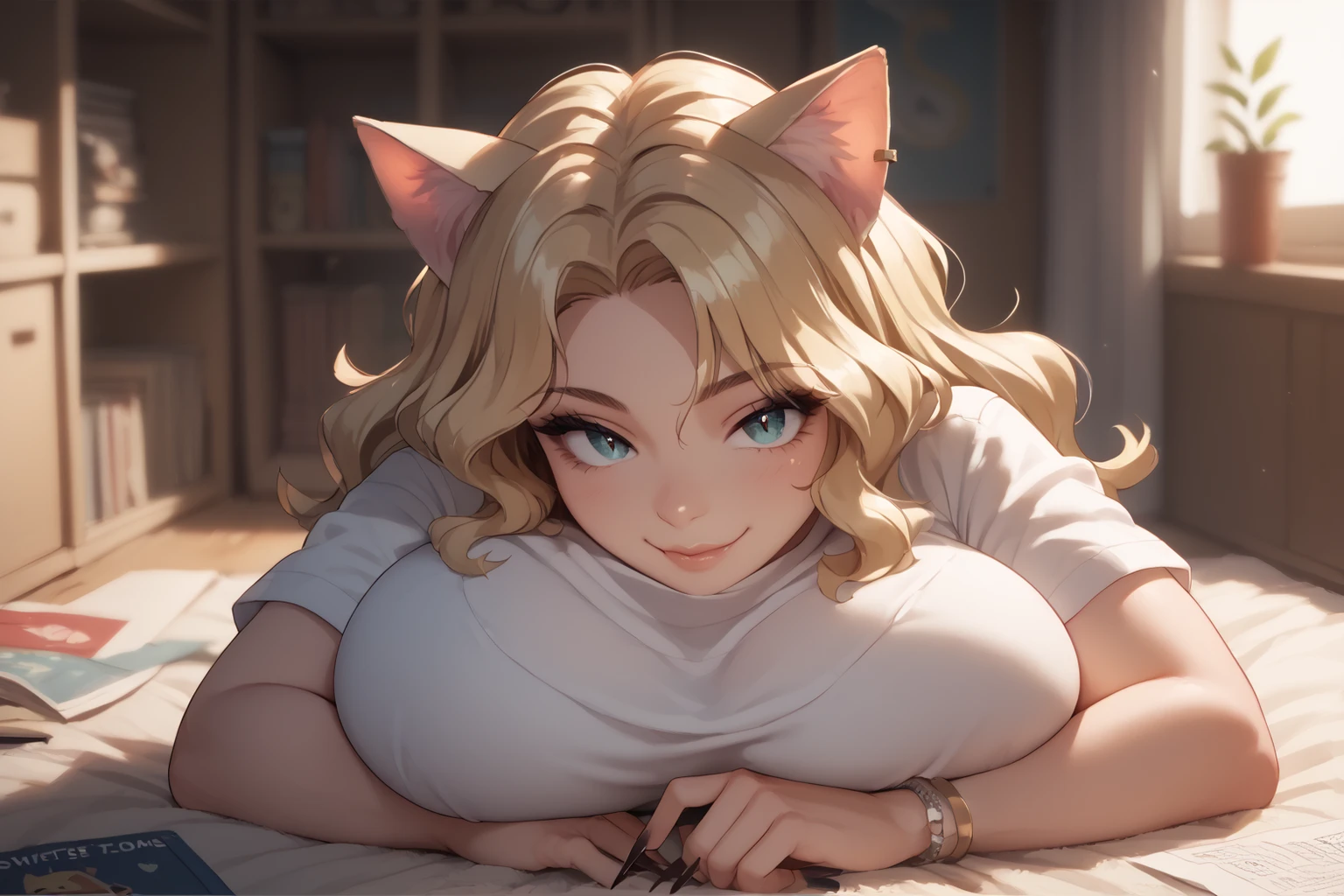 big boobs, catgirl, paizuri, pigtail, blonde hair, 3 points, ((masterpiece)), (best quality), huge tits, SFW, nude, sweat, freckles, white liquid