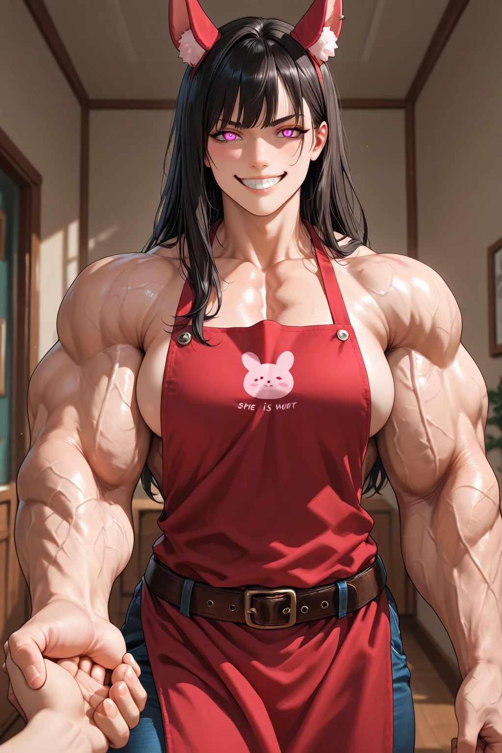 cute woman, skinny, muscular, feminine face, long hair, very detailed, smile, proud,  blushing, flexing biceps, tight apron, pec cleveage, hairy arms
