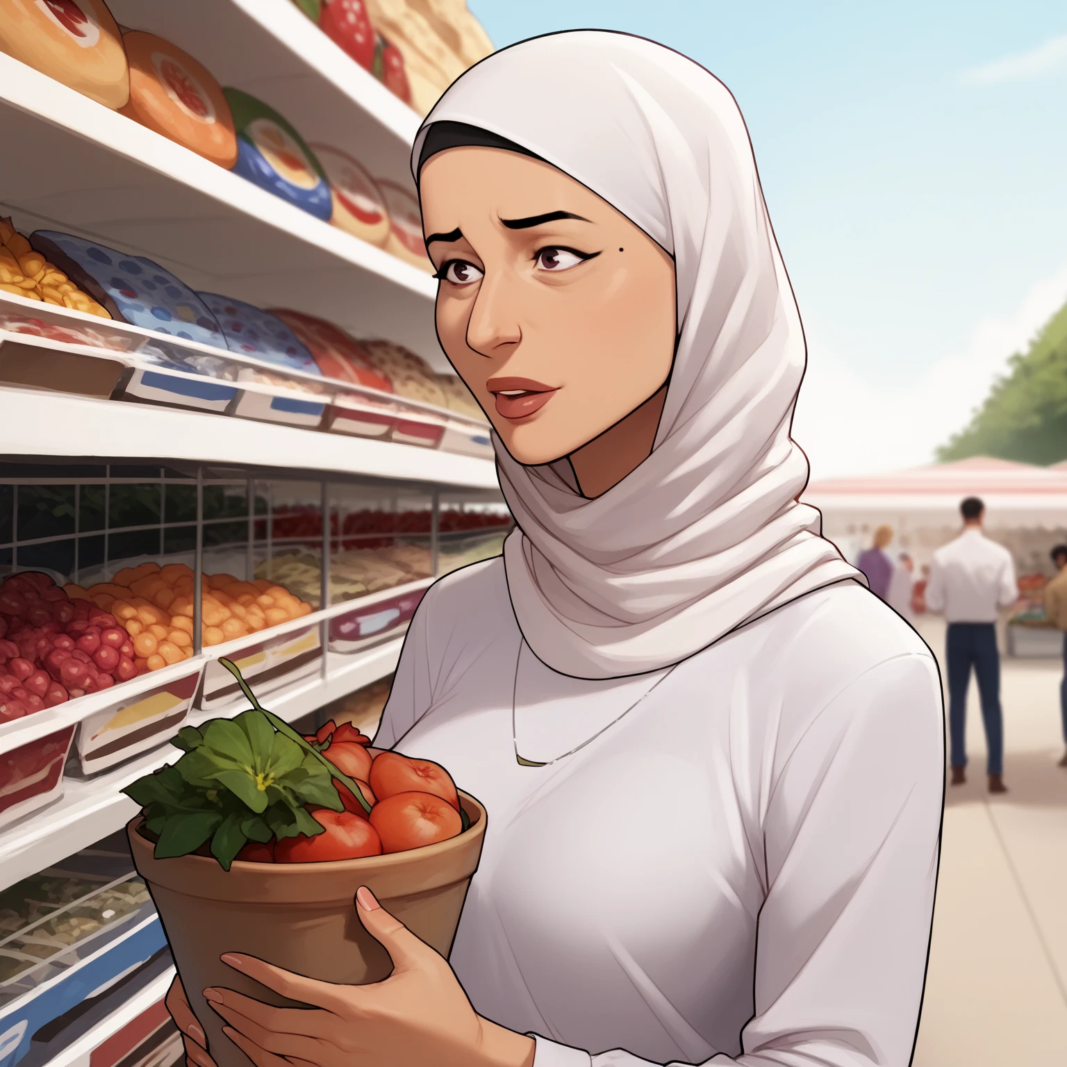 ((best quality)), ((masterpiece)), (detailed), perfect face big  30 years old 
hijab Indonesian mom was  while shopping in supermarket expose her  with raised her hand ad expose her armpits