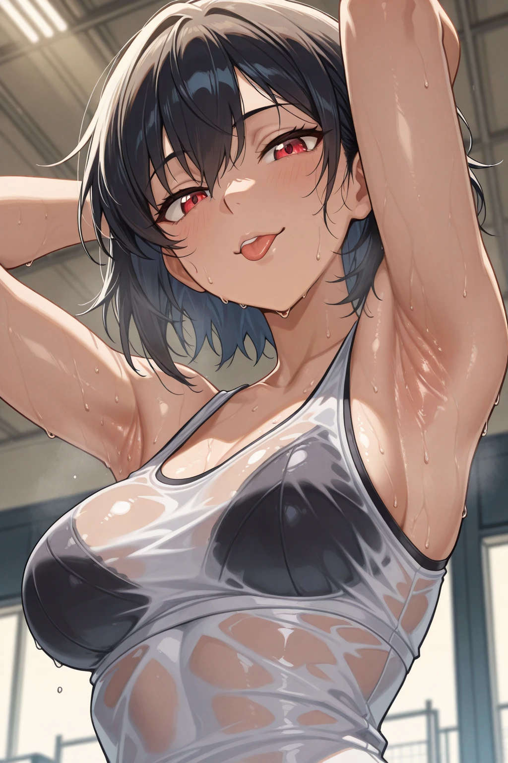 (one girl), nipple, shy girl, (perky chest), (hard nipple), (small breasts), wet body, open your legs, camel toe, cute face, well proportioned face, embarrassing, black eye, black hair, dull bangs, short bob hair, Underwear with see-through, wet slutty underwear, black underwear, (black bra), (see through bra), skin dents,  small breastss, slender body, Bedroom, whole body, vaginal spillage, muscular, sunburned, orgasm face, masturbation behavior, Normal position, whole body, open thighs, spread your legs, pussy,  accurate body, wet crotch, ecstasy, have sex, sit on the bed, Bukkake, pubic hair, show pussy, spread legs:1.5, shoot from below, black pubic hair