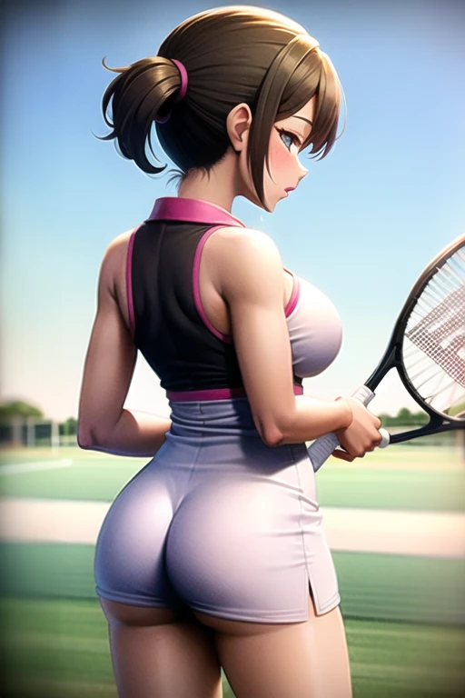 3girl,nsfw, glamorous, voluptuous, stand,smiling ((tennis wear,))out the ass.