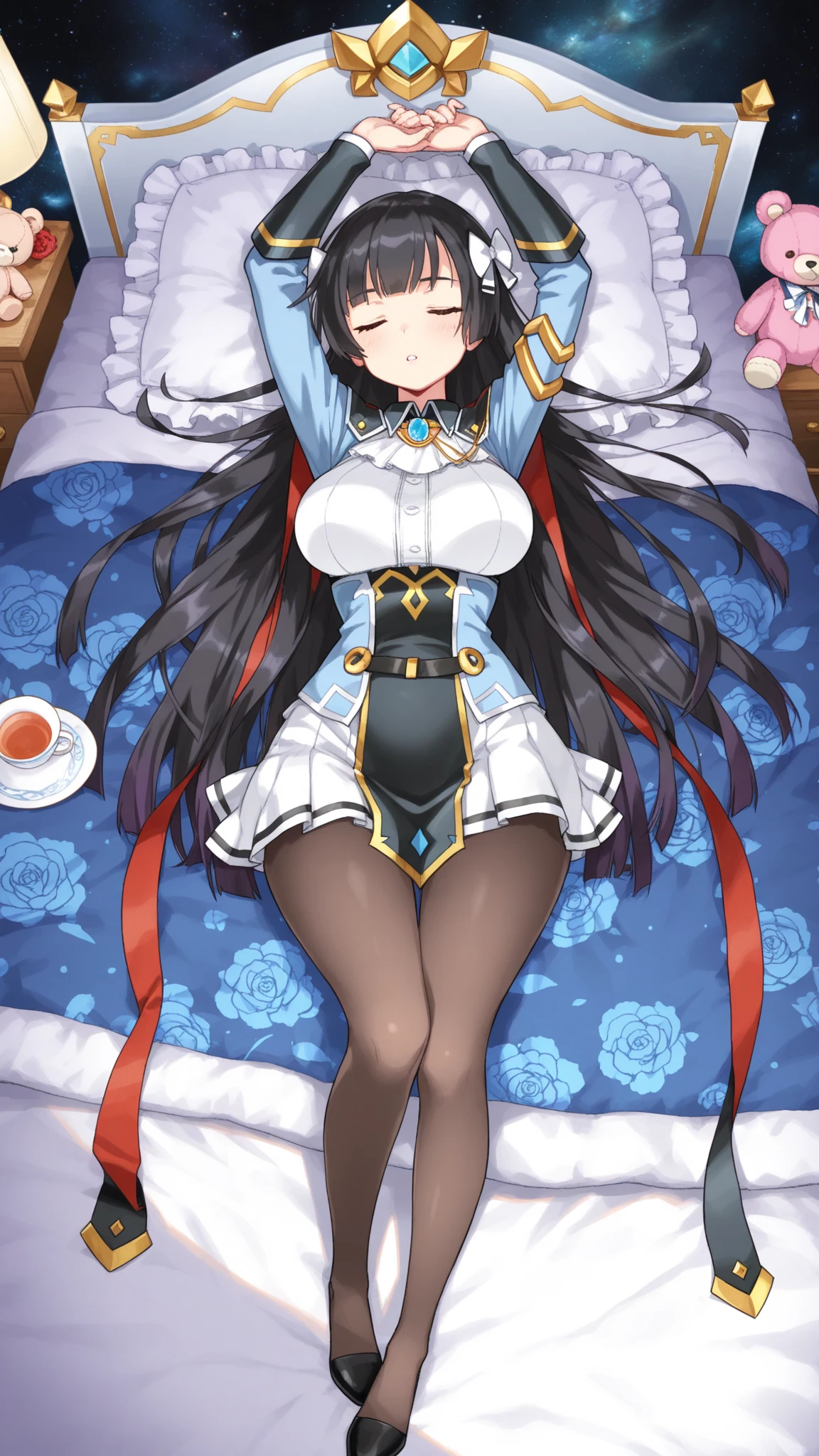 sagisawa fumika, One girl, alone, clock, blue eyes, chest, gloves, tiara, Long Hair, chestの谷間, View your viewers, white gloves, Bare shoulders, Open your mouth, large chest, choker, blush, Black Hair,nipple, nsfw, pussy orgasm, bedroom