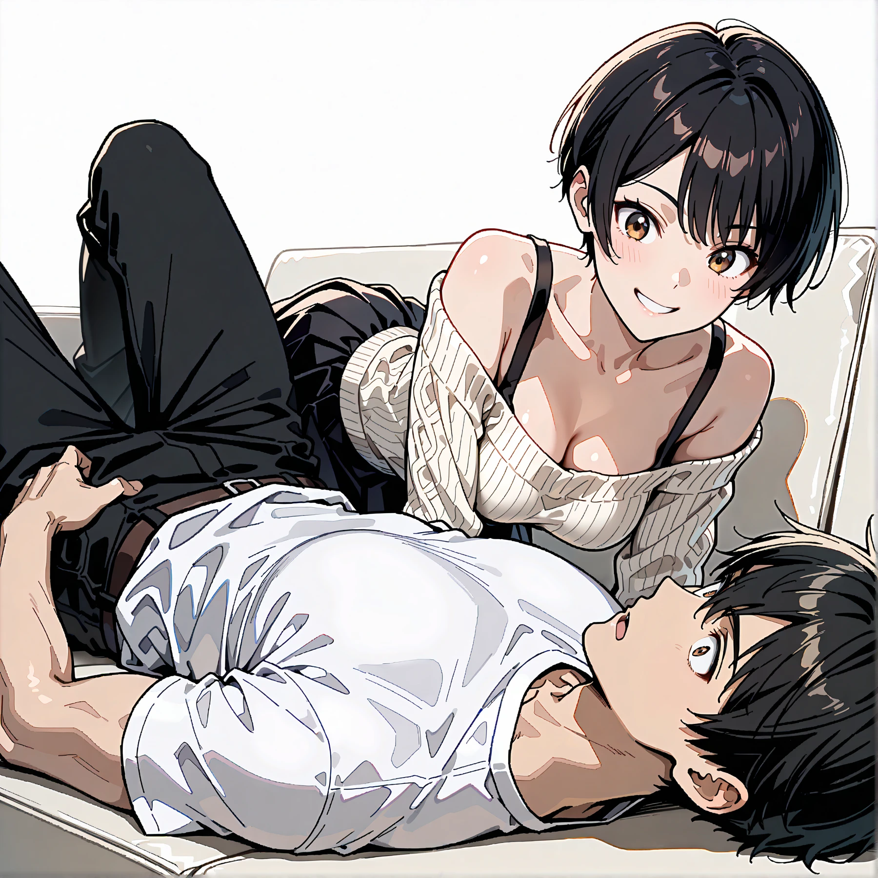 a beautiful girl, slender, boyish, handsome short hair, brown hair, (wear a white long-sleeved T-shirt), (white bikini panties) , Perfect hands, Perfect body, reclining, lying on a sofa, body facing up, legs retracted touching the sofa, (bare foot), ((two legs)), ((looking away)), relaxing, seduction, room, midnight, ((Exquisite detail)), Very finely crafted fingers(((10 fingers))), (full body showcase), (Show your whole body), (No logos on background), (No logo), ( from below)