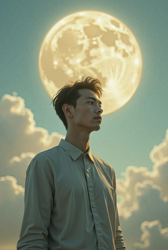 torso shot of beautiful naked Korean man, in the moon, (RAW, analog, Nikon Z 85mm, award winning photograph, ((best quality)), ((masterpiece)), ((realistic)), radiant light rays, highres, detailed facial features, high detail, sharp focus, smooth, aesthetic, extremely detailed, extremely detailed eyes, extremely detailed body, extremely detailed skin