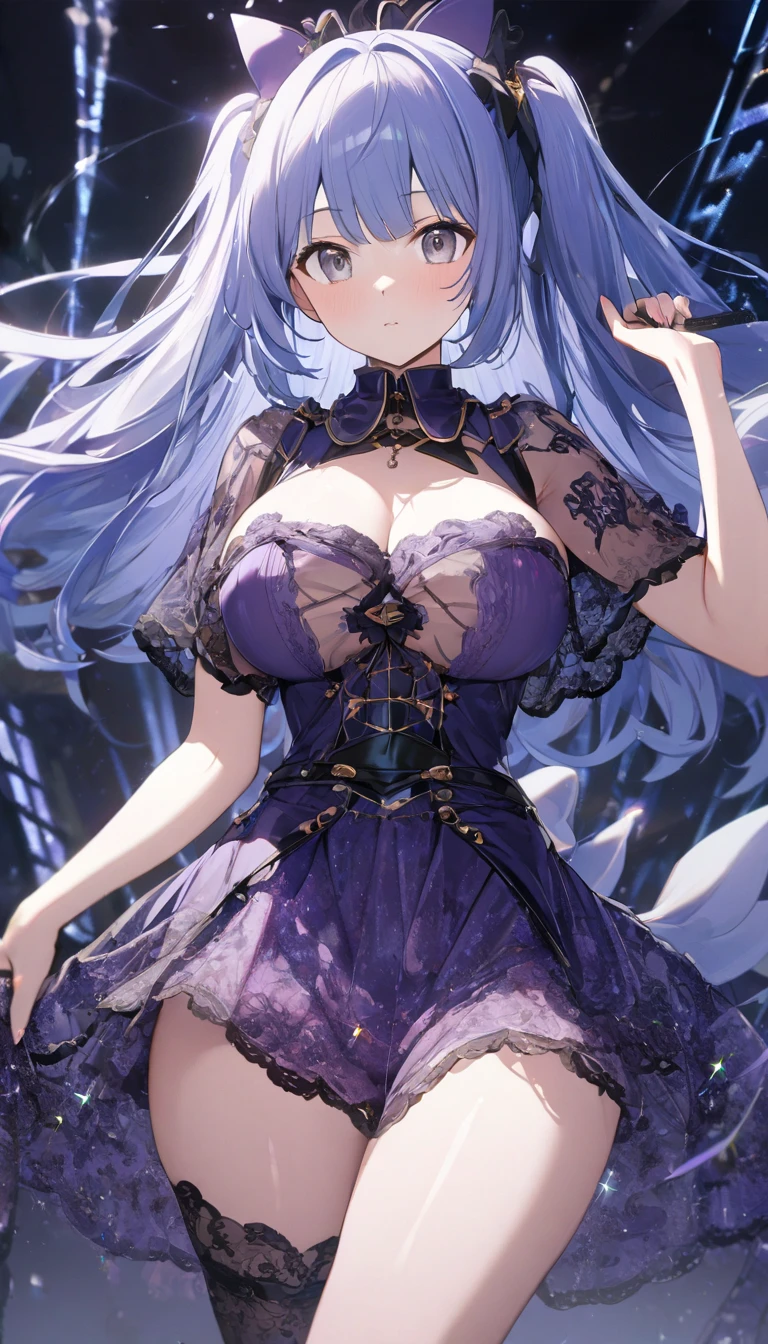 masterpiece:1.4,best-quality,Super Detail,Very Delicate and Beautiful, beautiful woman, very gigantic breasts, very slender, dark purple ball gown