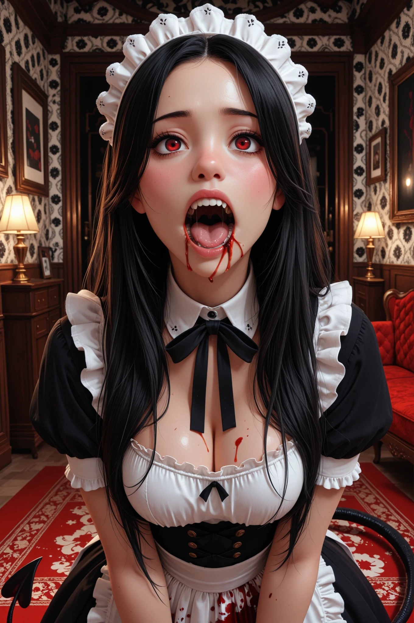 (full figure:1.1), 1 girl as yukino yukinoshita, absurdres, highres, solo, school uniform, big breasts, waist long black hair, (twintails:0.5), miniskirt, (black thighhigh socks:1.1), loose red ribbon, unbuttoned white shirt, (ahegao:1.5), (rolling eyes:1.5)