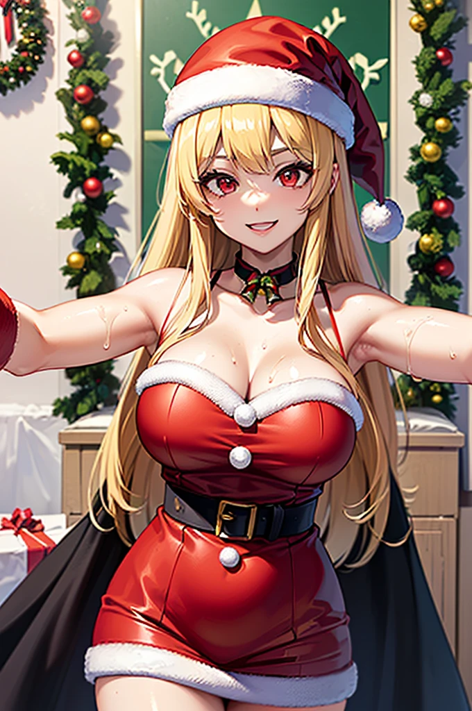 masterpiece, best quality, 1 solo girl, blonde hair, blue eyes, long hair, wavy hair, Christmas ornaments, medium breasts, mature body and face, red santa dress, christmas, christmas light, christmas tree, red gloves, red santa skirt, holding gift, red bra, red panty, leg up, cowboy shots, sexy pose, dakimakura, ultra-detailed body, face, and eyes, sharp focus, vibrant, creative, dynamic, high definition, high resolution, 8k, (Upscale: R-ESRGAN 4x+ Anime6B), (Image enchance:4x), voluptuous body
