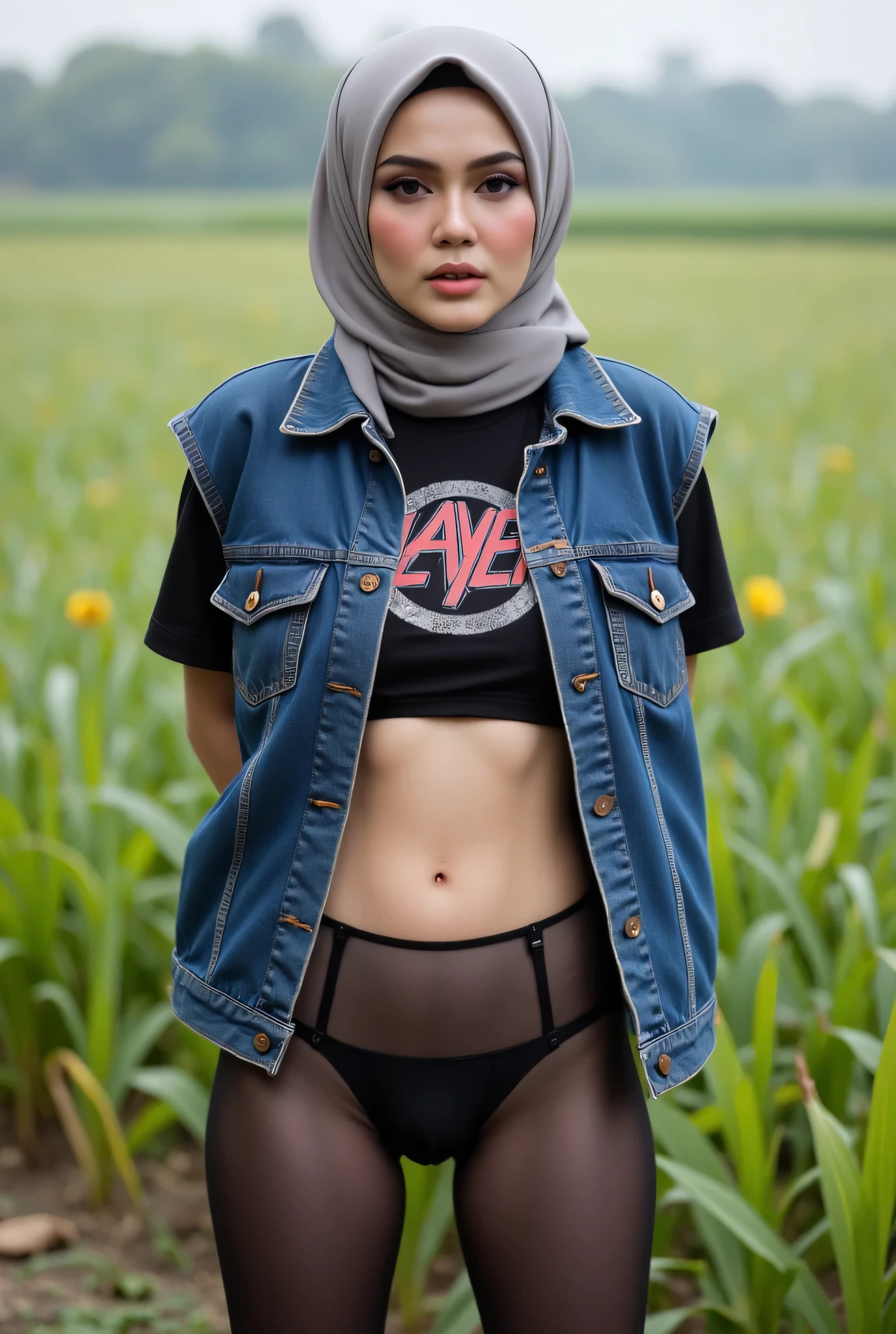 The angry face expression! Just Front photo, wear a loose drop Looks like a little rubber panties pastel translucent (black) leggings closed my center, Tetek besar melayut, hijab hijab hijab hijab, (photorealistic:1.6), background rice paddy. daytime atmosphere, don't put any rope! flat chest!, duduk di atas kerusi kaca, hands behind back legs astride, view from front, wearing short t-shirt 'Slayer' Goat Devil logo print & mini unbuttone vest denim. G-string thong