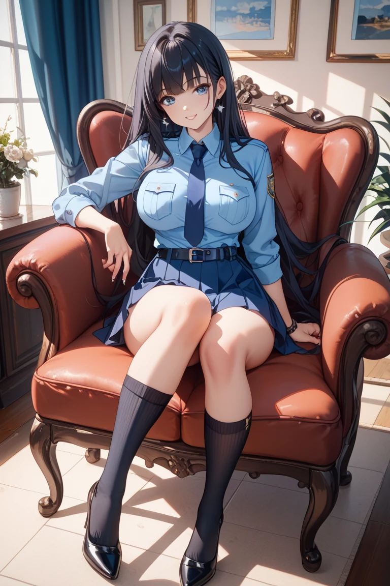 ((Highest quality)), ((masterpiece)), (detailed), 1 girl, White leotard with gold, Brown eyes, sitting in an armchair, Big Breasts, Who is 2?,((whole body)), ((View from below))