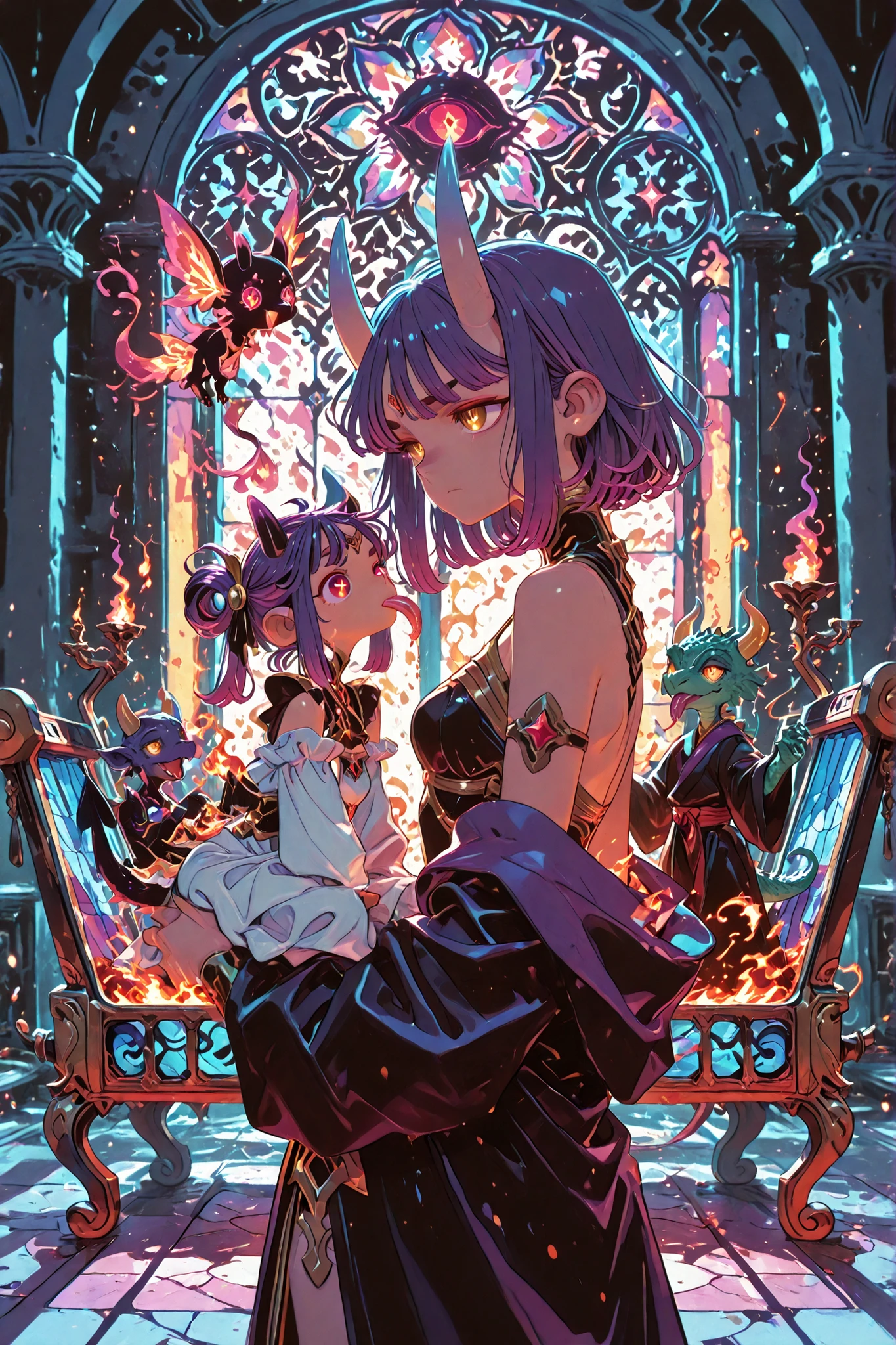 obra-prima, melhor qualidade, incredible quality, fantasy illustration, estilo detalhado, estilo storybook, a skinny nanny, postura reta, serious and cold expression, subtle spines on the eyebrows, bochechas e ombros, small curved horns, penetrating reptile eyes, thin reptile tongue slightly visible, discreet scales on the neck and shoulders, she's taking care of a single baby in a floating flying crib, baby with yellow eyes with red pupils, gelatinous body in shades of black and purple, pequenos chifres, dentes afiados, big, expressive eyes, flaming purple hair, both positioned in a central hall of a magical palace, pilares altos, ethereal light filtered by stained glass windows, cortinas flutuantes, mystical and elegant atmosphere, sem clones, without repeated characters, Unique composition , high level of detail