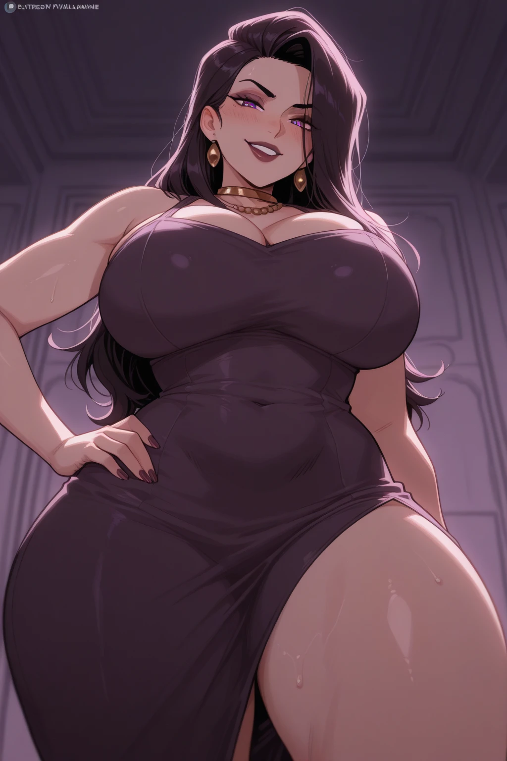 sexy woman, mature, milf, dark skin, huge breasts, large breasts, curvy, voluptuous, clompletely nude, nude, pussy, nipples, black hair, brown eyes, long hairstyle, slick back hair, golden crown of queen, earring, necklace, grinning, standing, castle, indoors, crowd of knights