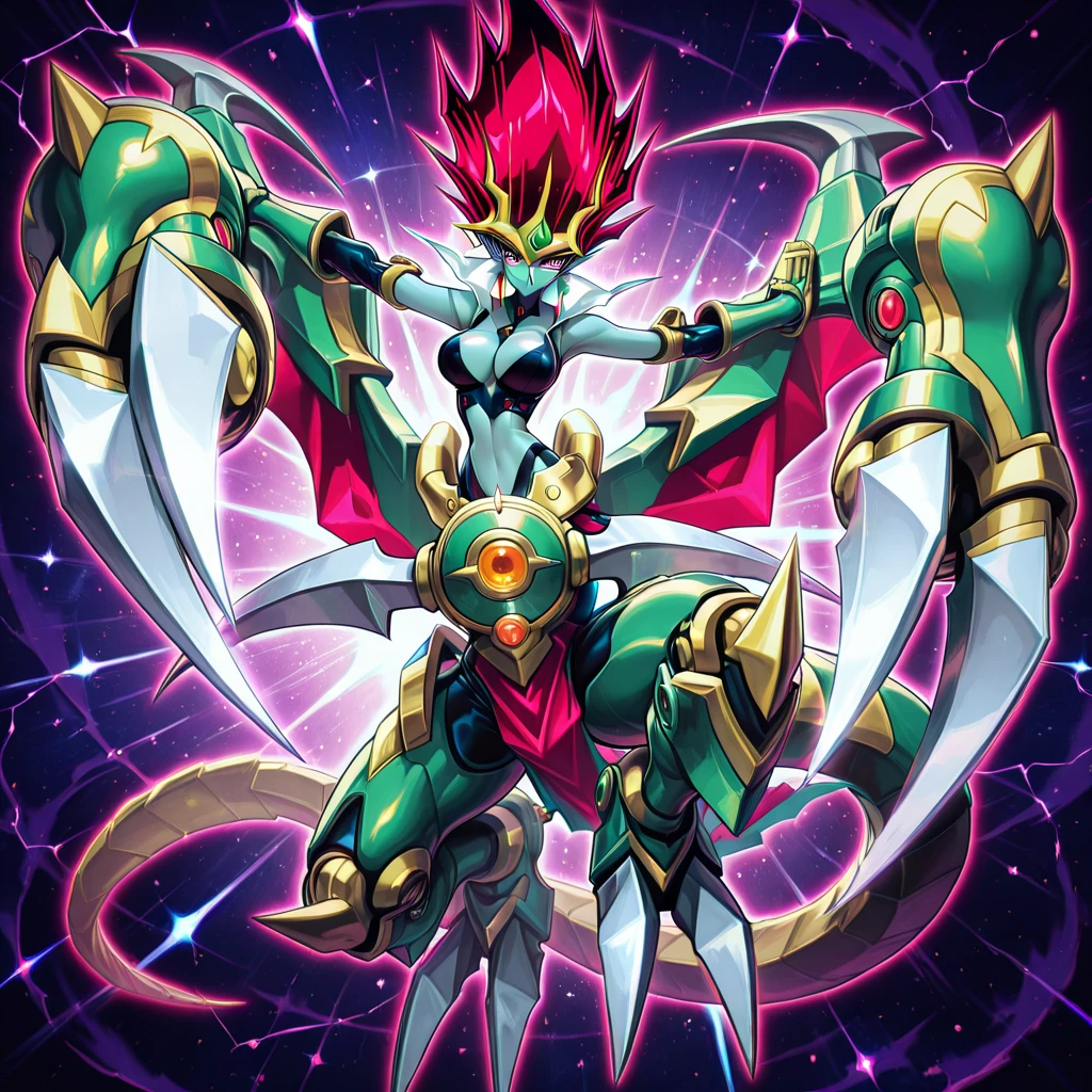 "Powerful barbarian with insect-like angelic armor, reminiscent of Digimon and Guyver, joins forces with a group of sentai heroes. The robot girl with huge breasts adds an overwhelming presence to the scene."