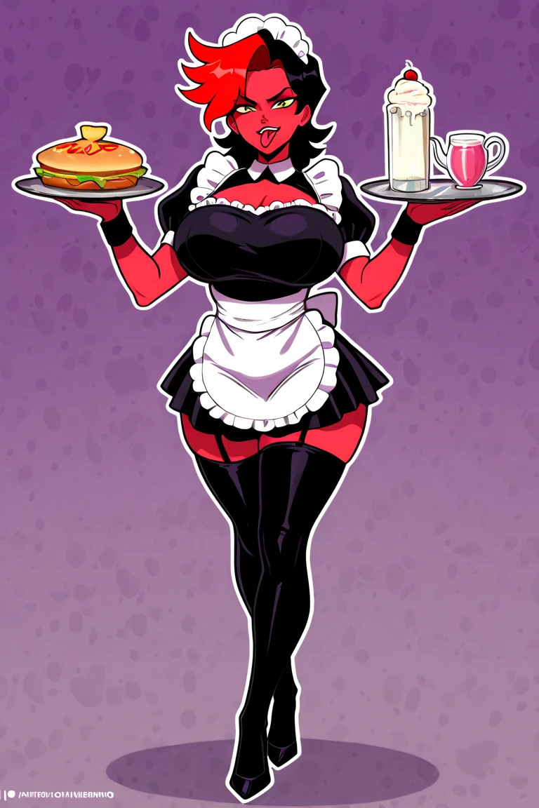 Beautiful picture), (Masterpiece), ((((Solo)))), ((big breasts)), (curvy), (sexually suggestive), (wearing latex bunny suit), perfect hands, sexy legs, (pouting), (bored), (holding a tray of food), (stockings), (demon horns), at a restaurant, (tight clothes),