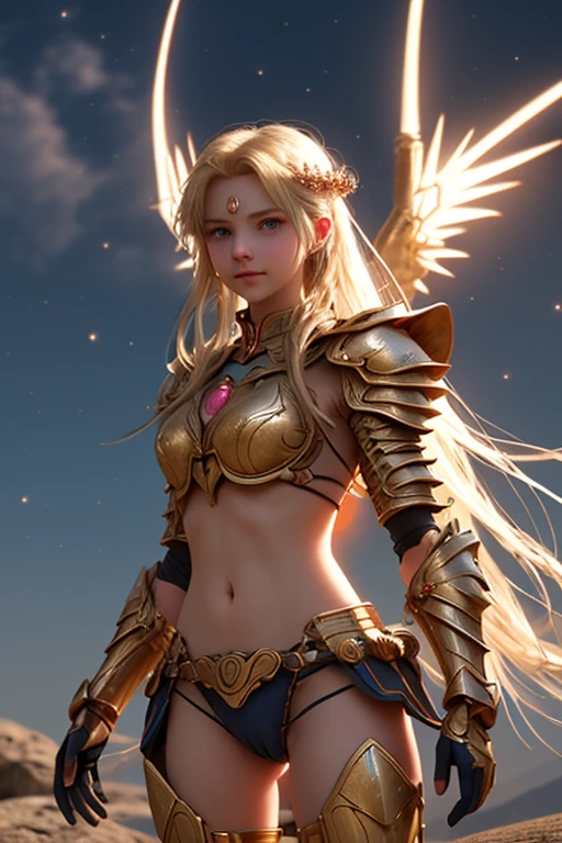 highly detailed fantasy artUltra-burly body、Flying hair,highly details eye,pretty eyes,busty, Detailed beautiful face, feminine ,musculature、Intricate openwork pattern armor,Thick wild hair,Fantasy setting,Full body standing painting,dynamicposes,white backgrounid,2D character concept,character art,Character portrait,tmasterpiece,best qualtiy,Best resolution,Strong visual impact,8K, angel girl, blonde platinum long hair, (hair on knees), heterochromia, gold paladin armor, final fantasy