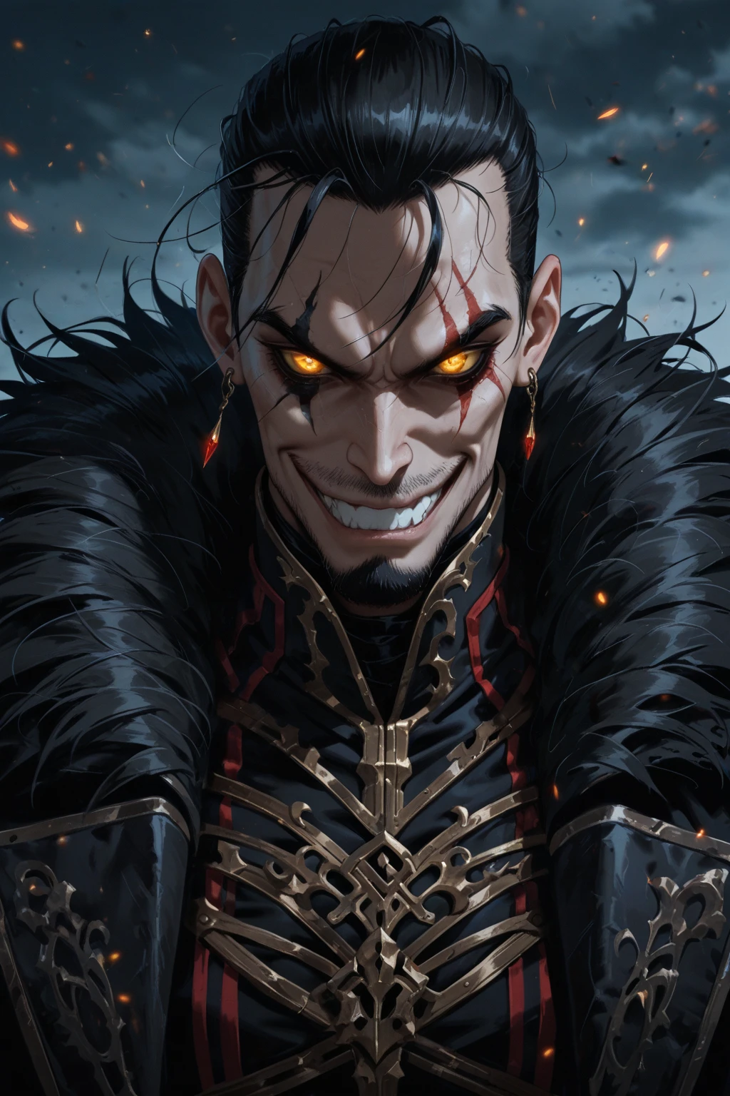 Handsome vampire teenager，closeup cleavage，head portrait，Open your mouth，the bats，long canine teeth，There is blood on the teeth，long whitr hair，（There is blood at the corner of the mouth：1.4），Blood，depth of fields，dynamic blur，high light，Real light，Ray traching，oc rendered，Hyper-realistic，best qualtiy，8K，Works of masters，super-fine，Detailed pubic hair，Correct anatomy，sharp focus on eyes，Bokeh，Facial features are carefully depicted