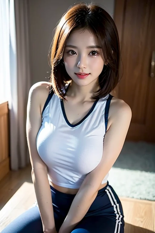 (((locker room:1.3))),(((Sports towel))),
(((Changing room 1.3))),(((Uniforms hanging on hangers:1.3))),((Swimsuit change:1.7)),(((White one piece swimsuit))),Cute Face,Extreme close up of face,Shiny light brown and orange striped short hair,Perfect round face,iris,(hairpin、Floating Hair、),Big Breasts.Professional Lighting,Cinematic Light,(Tabletop,highest quality,Ultra-high resolution output images,) ,(8K quality),(Picture Mode Ultra HD),