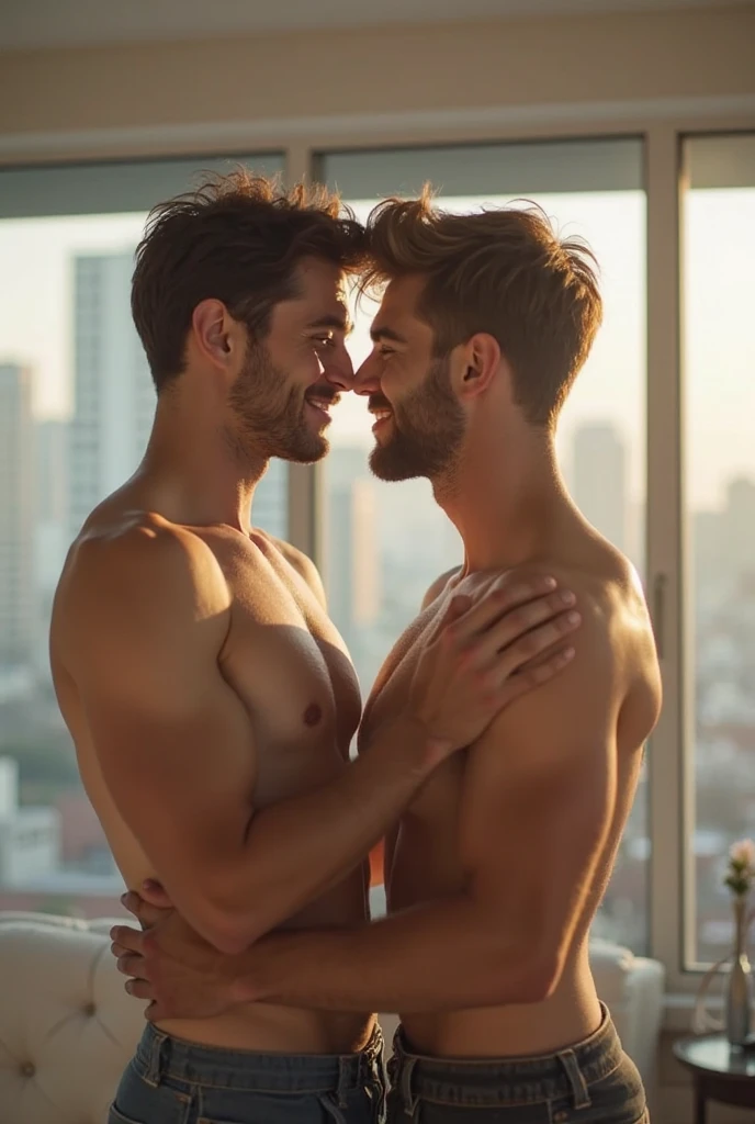 High image quality, two muscular men,muscular, tall, high stature, random hairstyle, bedroom, hugging, kissing, windowsill, nightfall, night view, romantic, close up shot